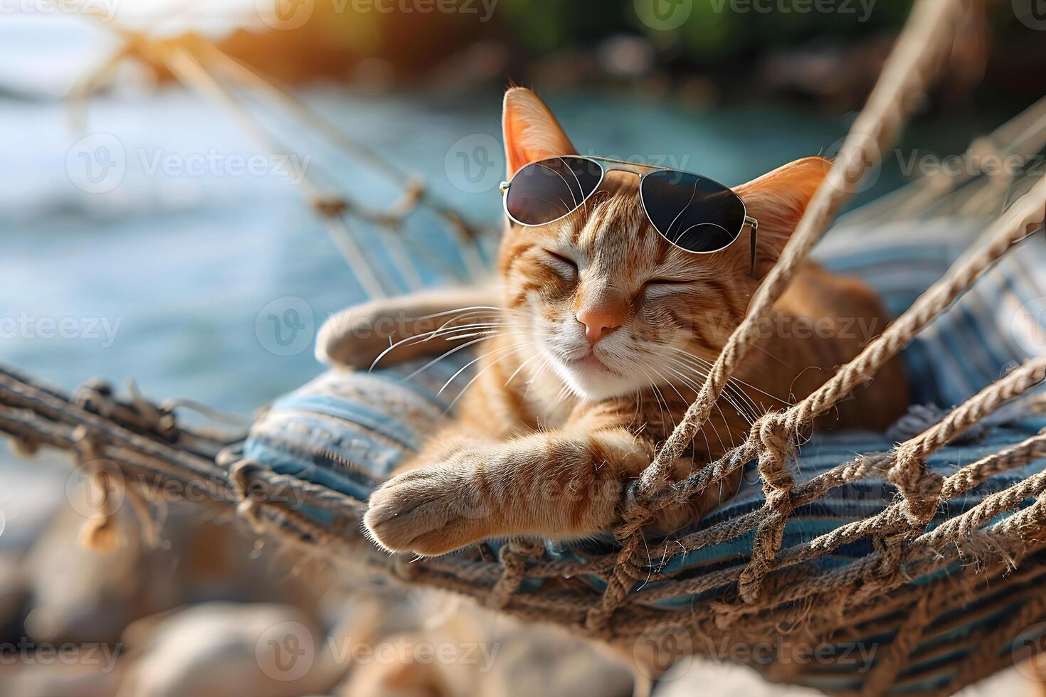 Relaxed Ginger Cat in Sunglasses Lounging on a Hammock by the Ocean photo