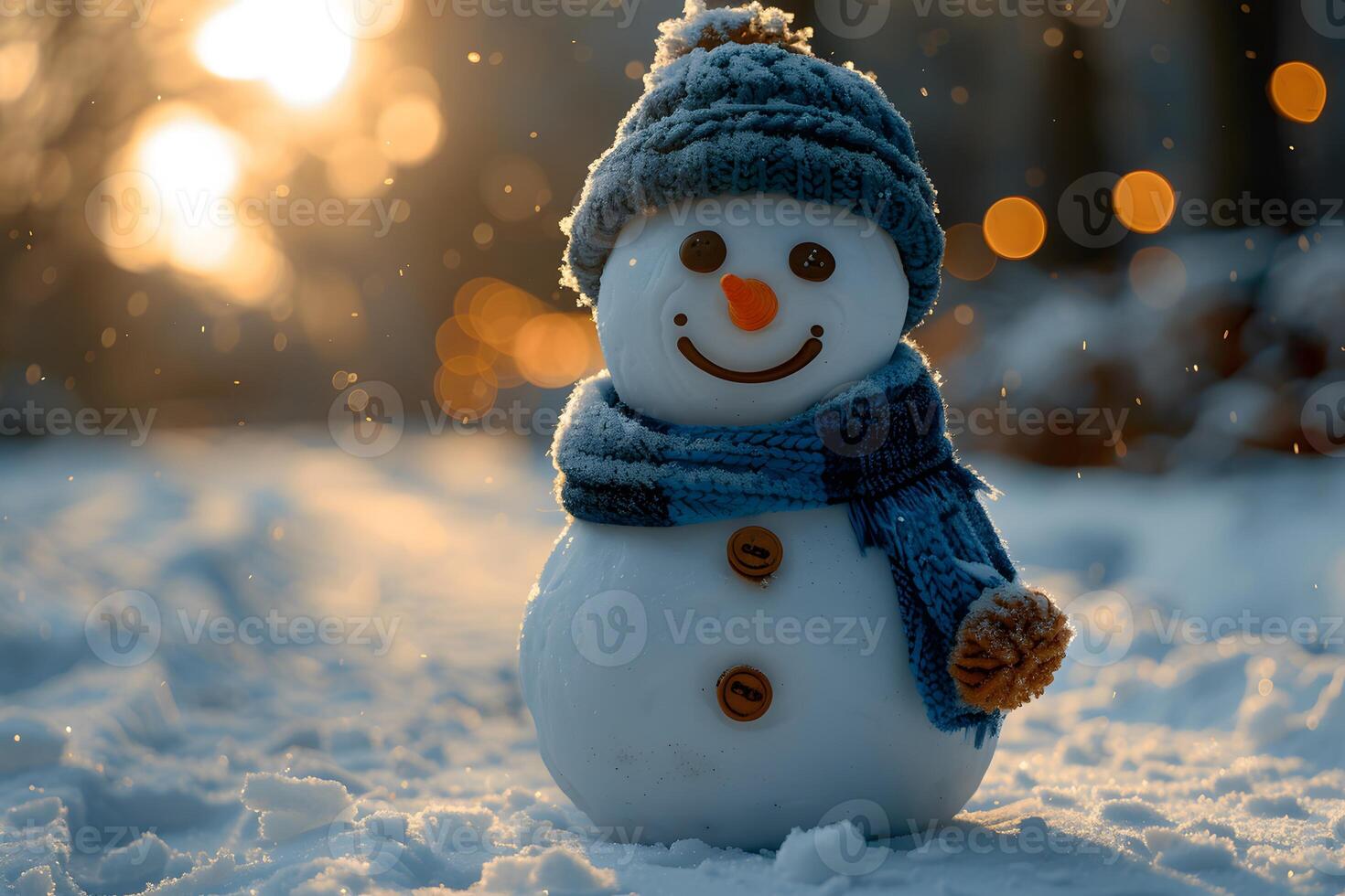 Cheerful Snowman in Winter Wonderland at Sunset - Perfect for Holiday Cards photo