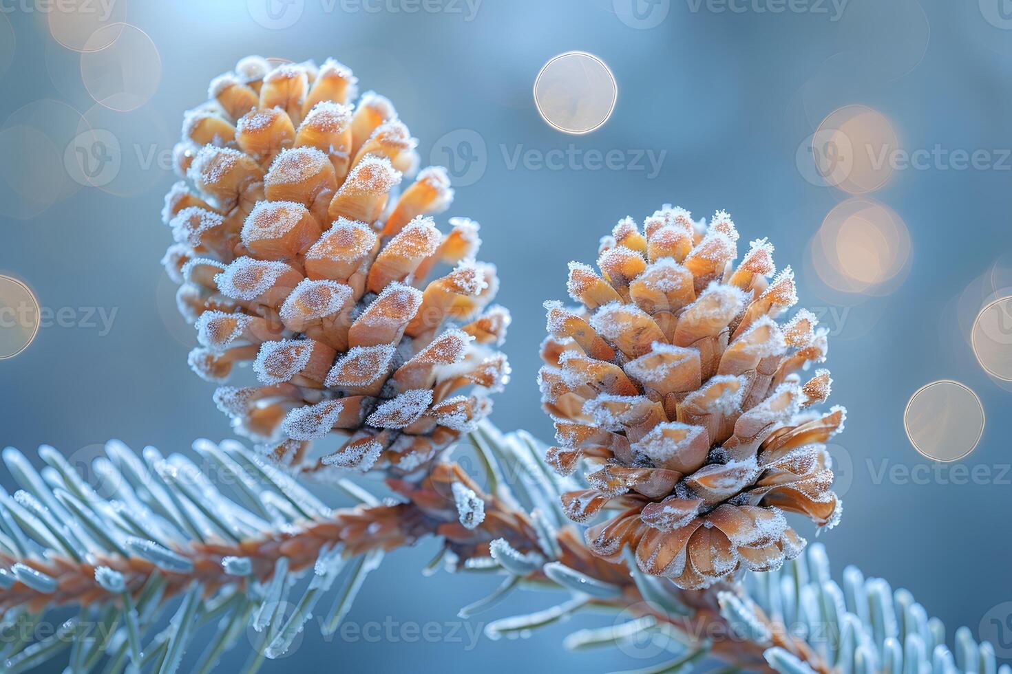 Frosty Pine Cones on Evergreen Branch with Bokeh Lights for Winter Decor and Holiday Design photo