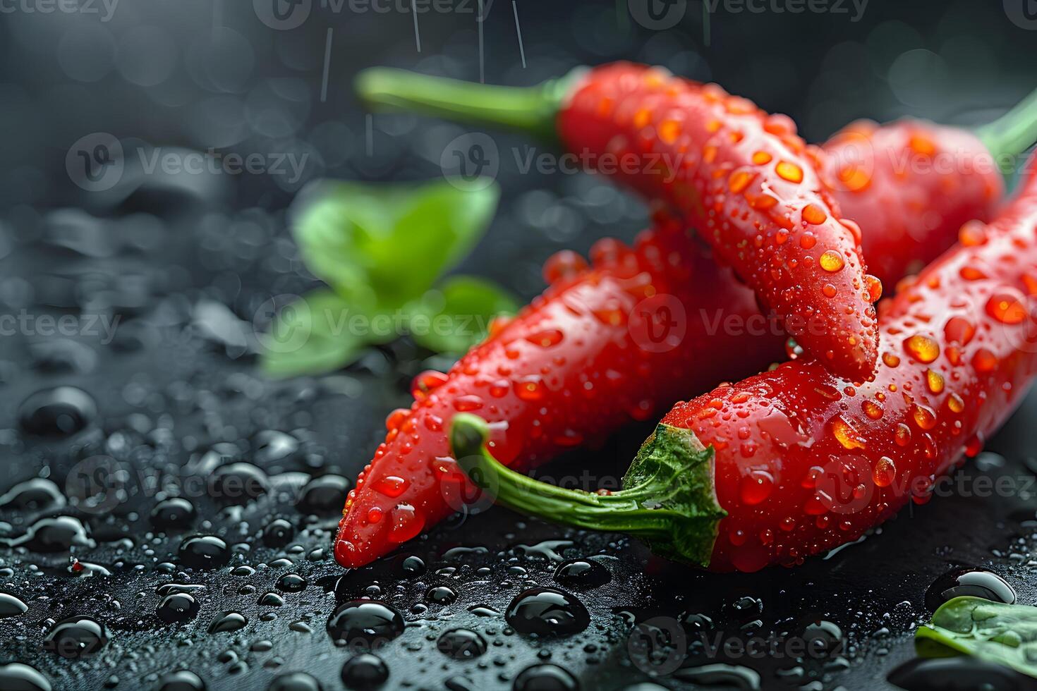 Fresh Red Chili Peppers with Water Droplets on Black Background for Culinary and Spicy Food Concepts photo