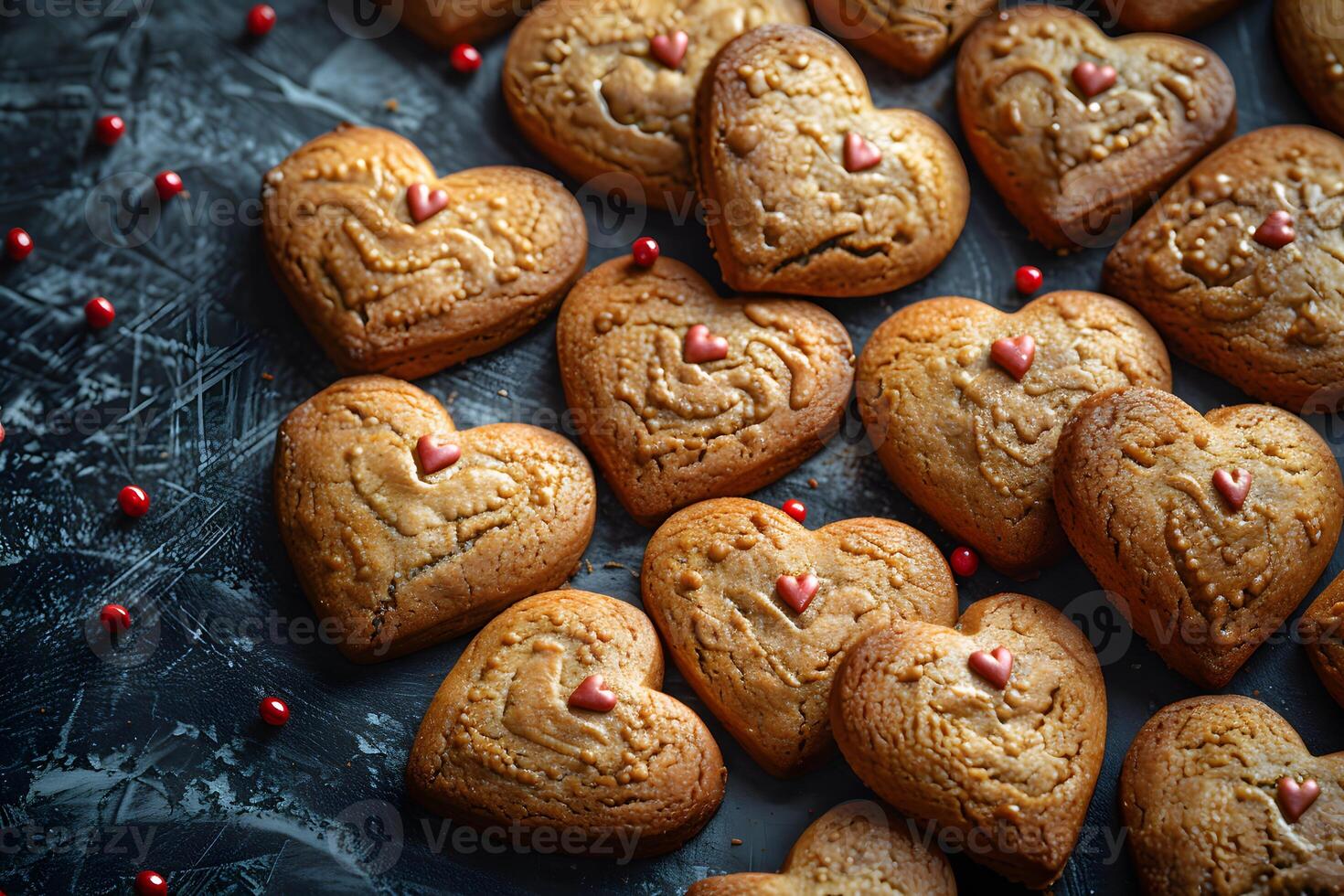 Heart-Shaped Cookies with Decorative Red Hearts on Dark Rustic Background photo