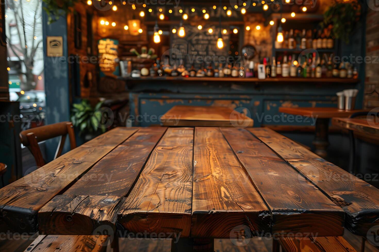 Rustic Coffee Shop Interior with Wooden Table and Warm Lighting photo
