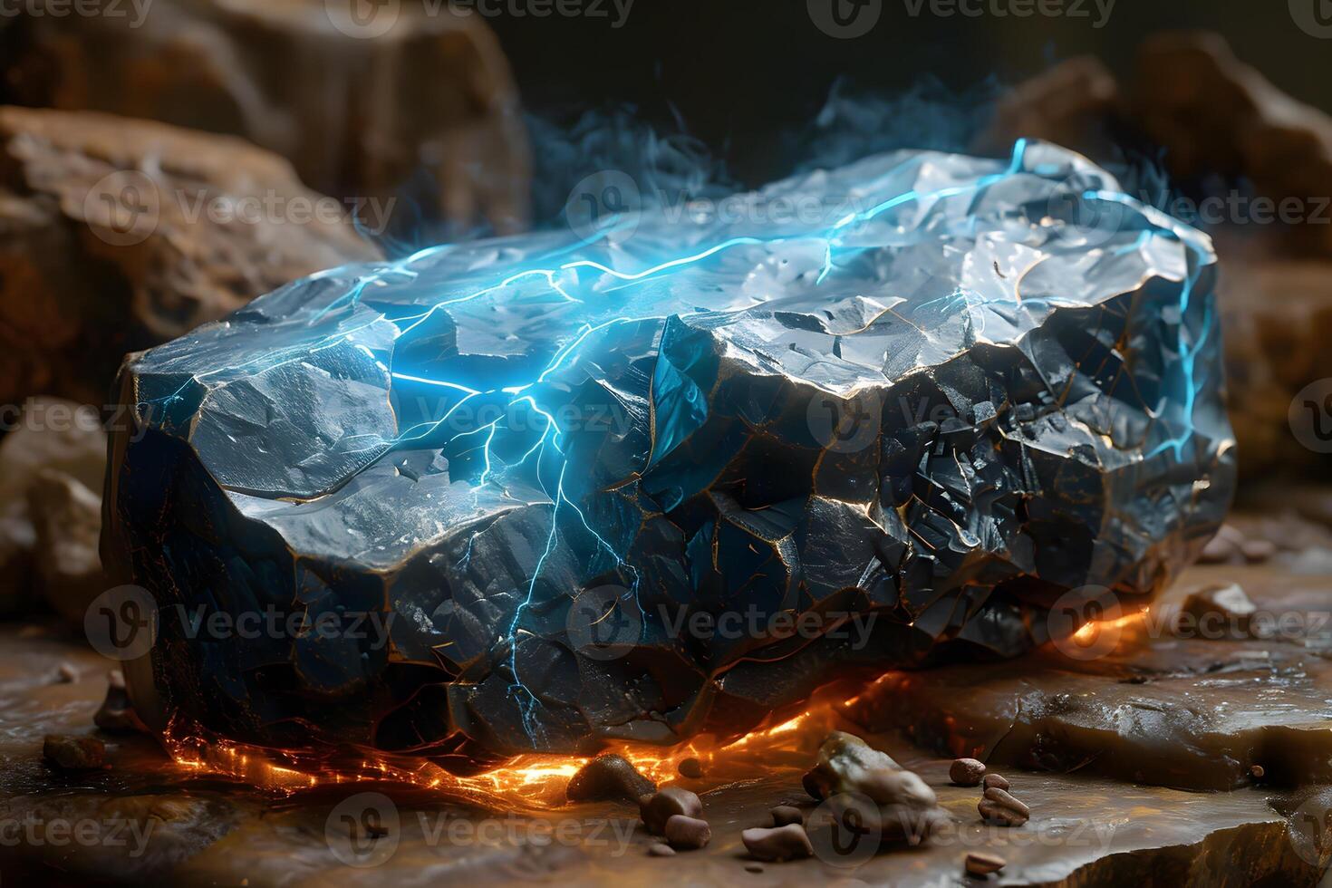 Futuristic Electrified Stone with Neon Blue Glowing Cracks for Sci-Fi Design photo