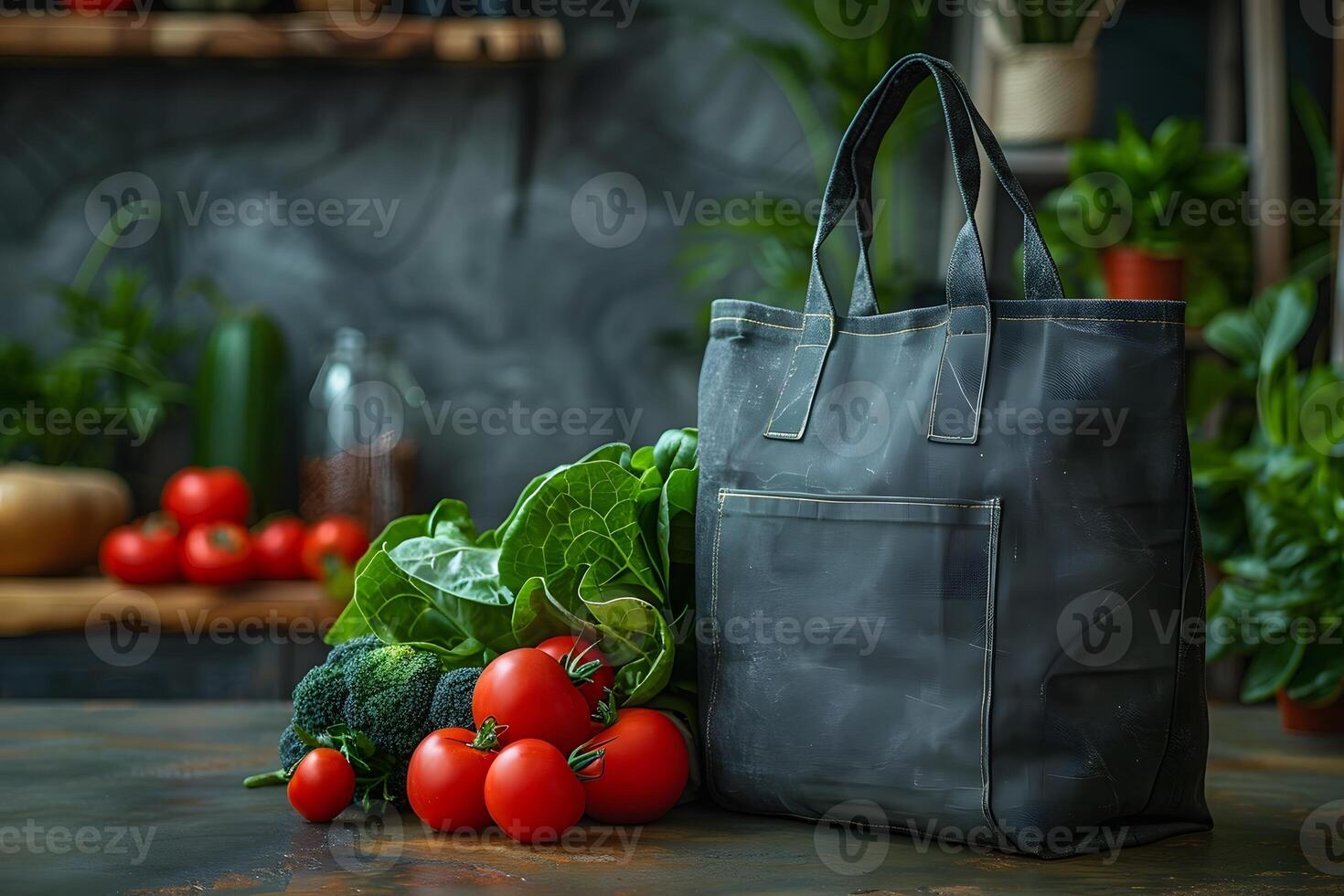 Fresh Vegetables with Eco-Friendly Reusable Shopping Bag in Rustic Kitchen Setting photo