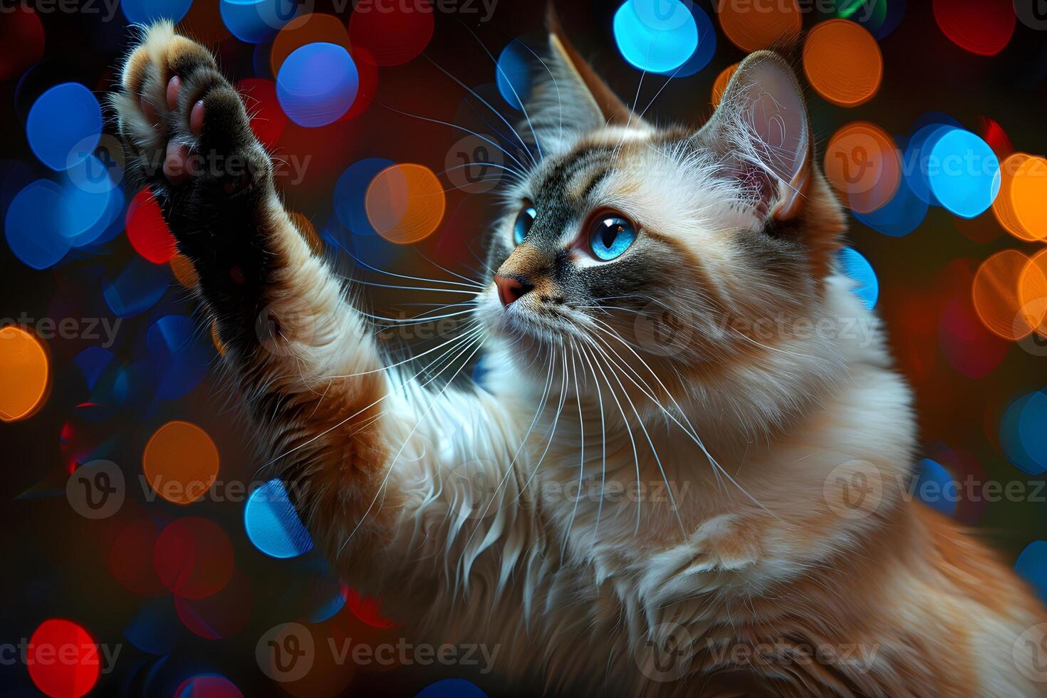 Festive Tabby Cat with Colorful Bokeh Background - Perfect for Holiday Cards and Posters photo
