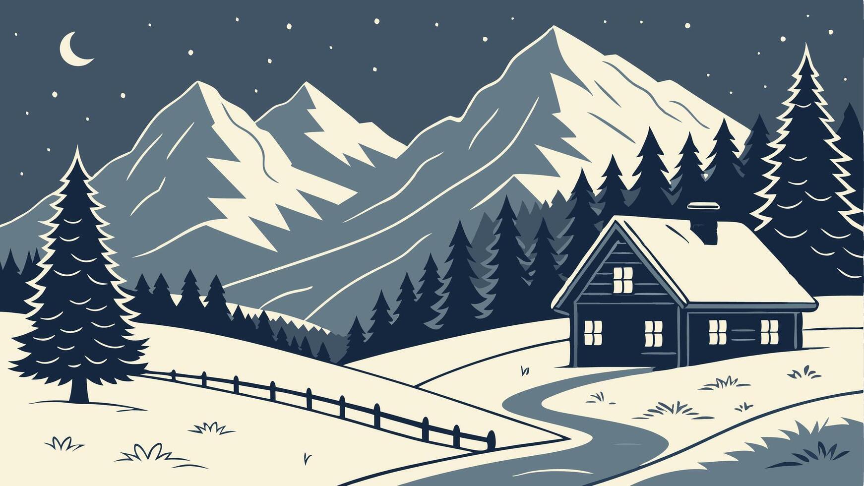 Winter landscape in the mountains with a small village at night in the snow - digital painting vector