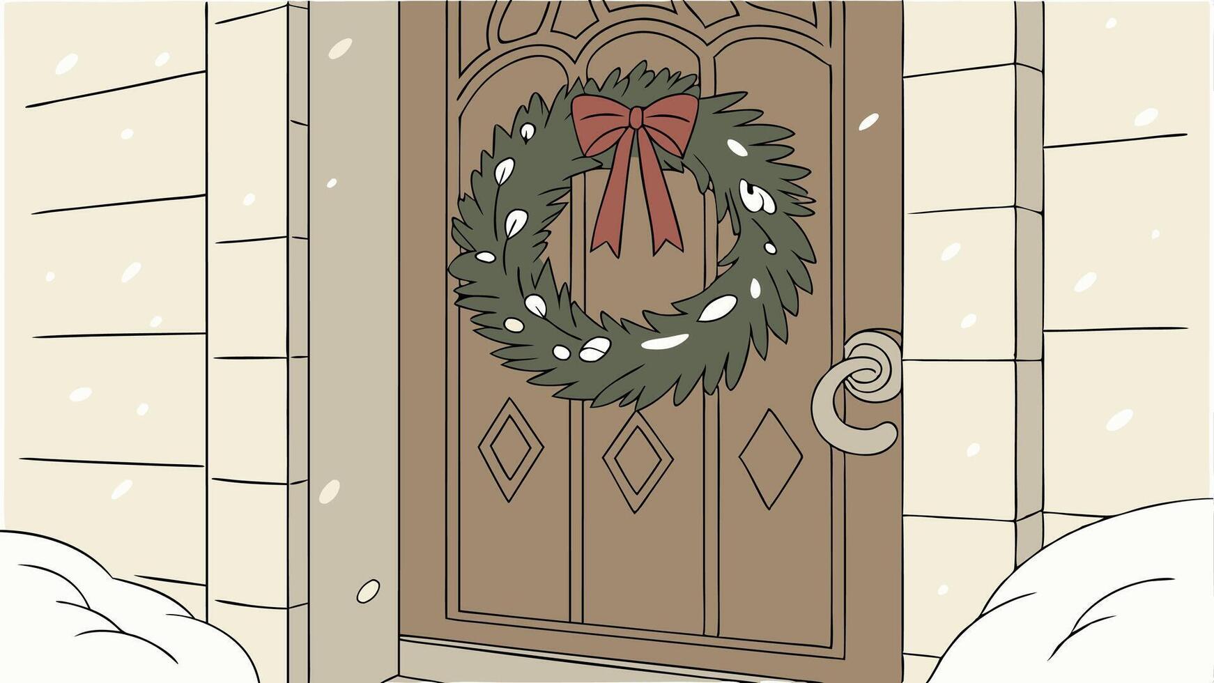 Wooden front door with christmas wreath and snow on it vector