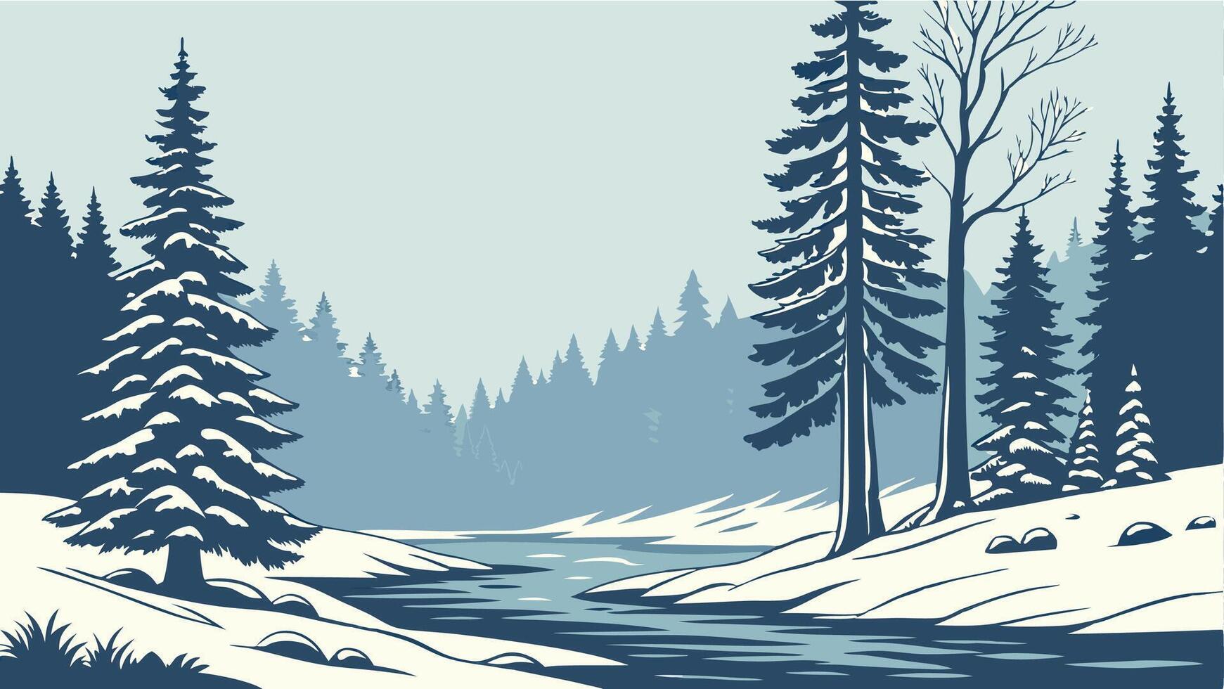 Winter landscape with snow in forest with frozen river vector