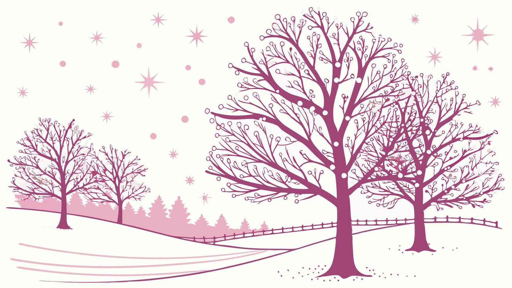 Winter magic wonderland with pink illuminated trees. art vector
