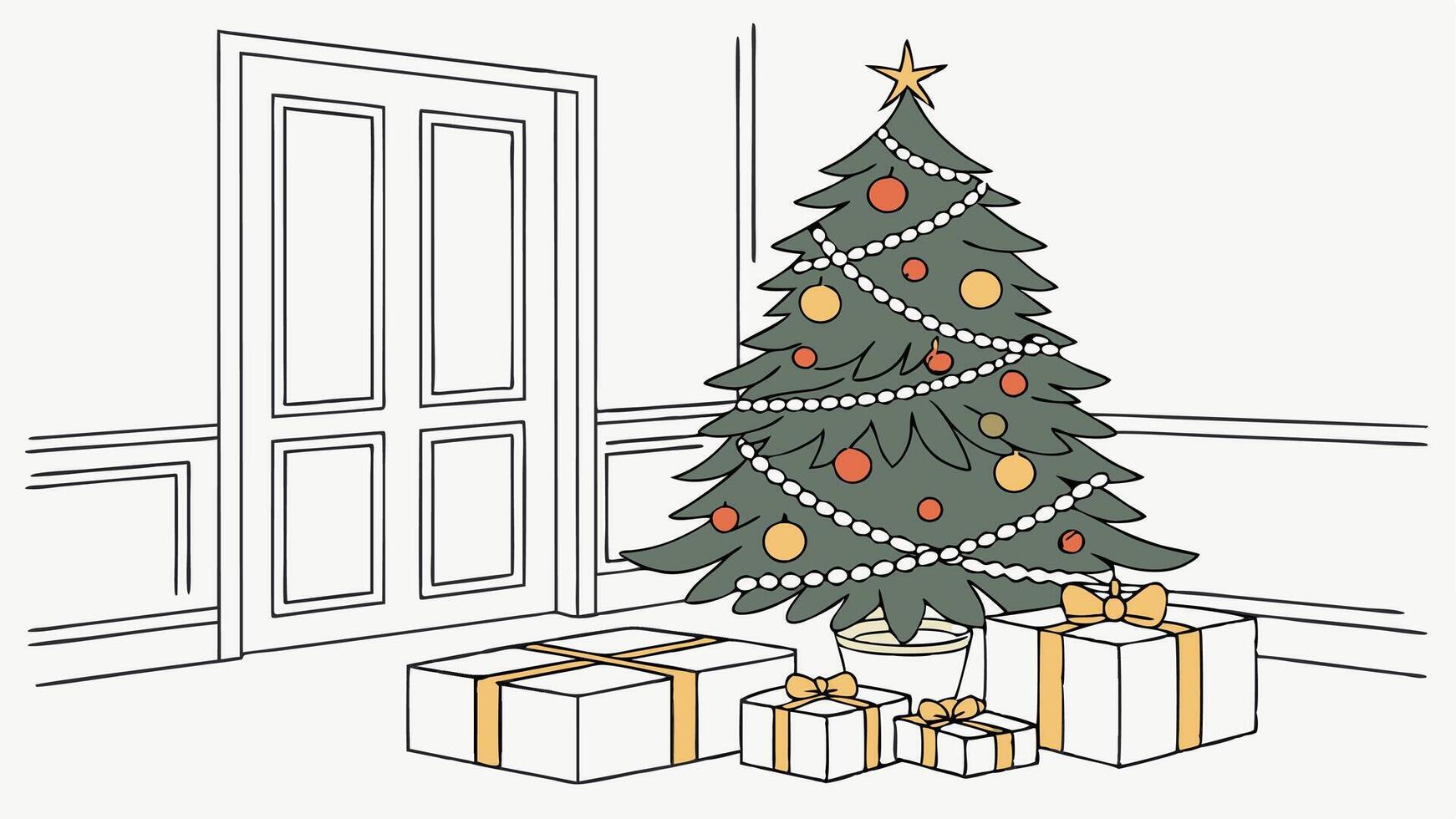 Background of white walls in the living room with white and gold presents and a Christmas tree. vector