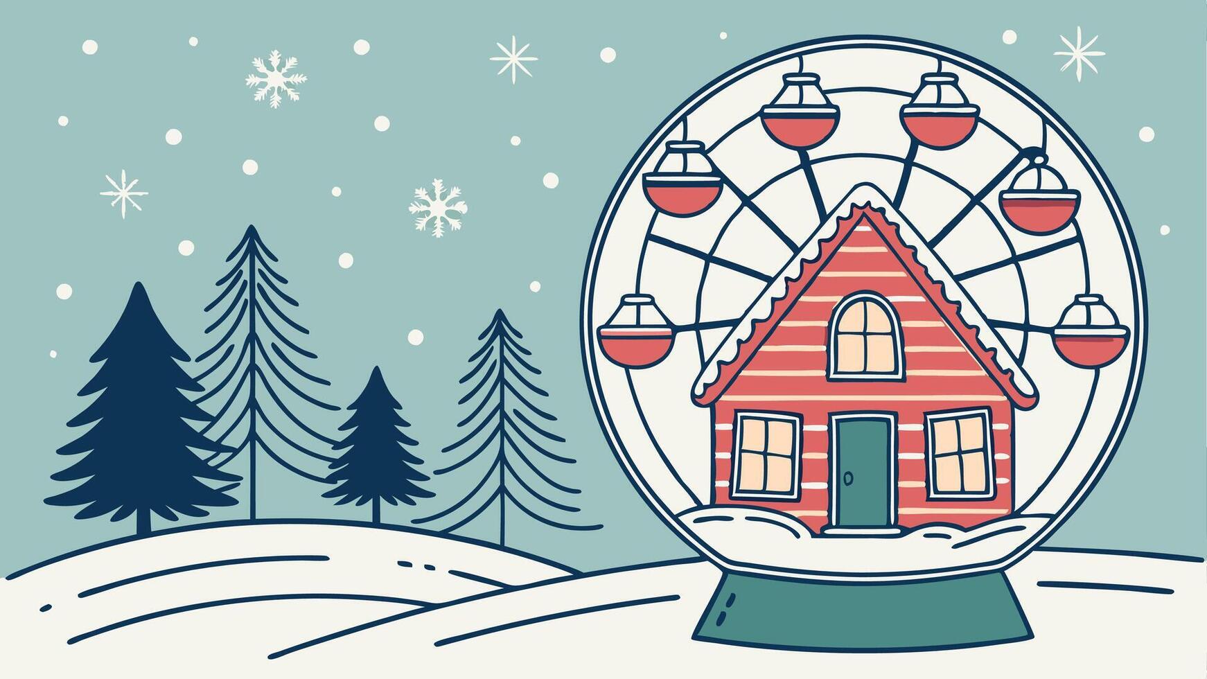 Winter wonderland with little house and christmas tree inside snow globe. snowfall. carnival. vector