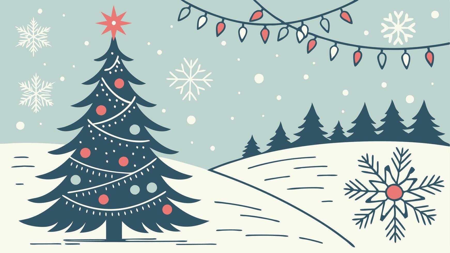 Winter landscape decoration background. christmas tree and decorations as panoramic wallpaper header vector