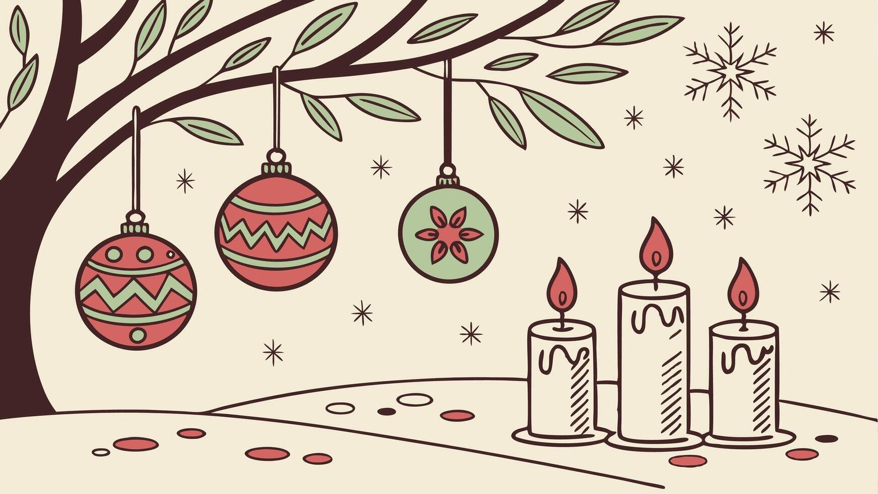 Background with christmas decoration ornaments and candles on table vector