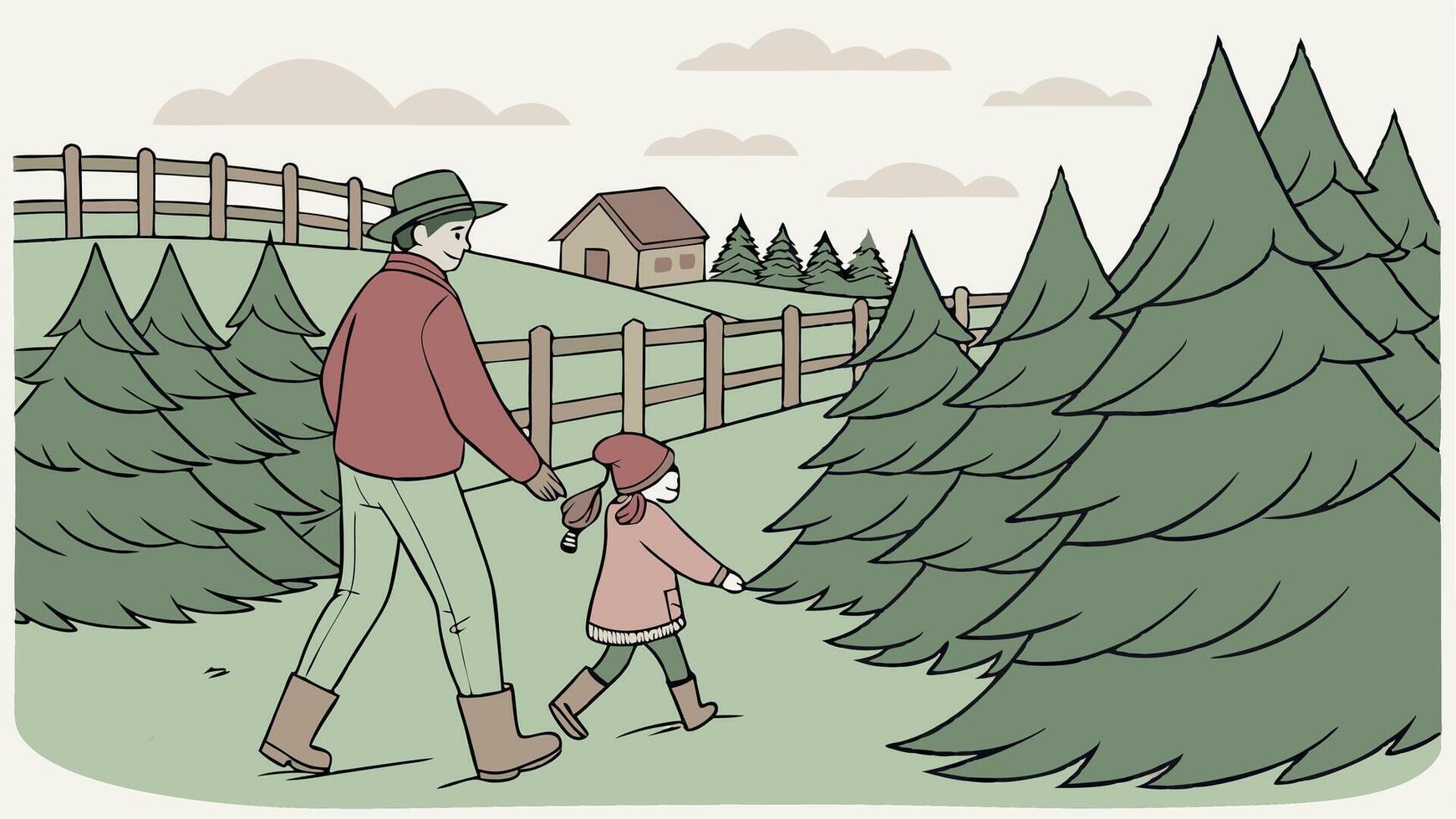 Young Father And Daughter Choosing A Christmas Tree at the Tree Farm. vector