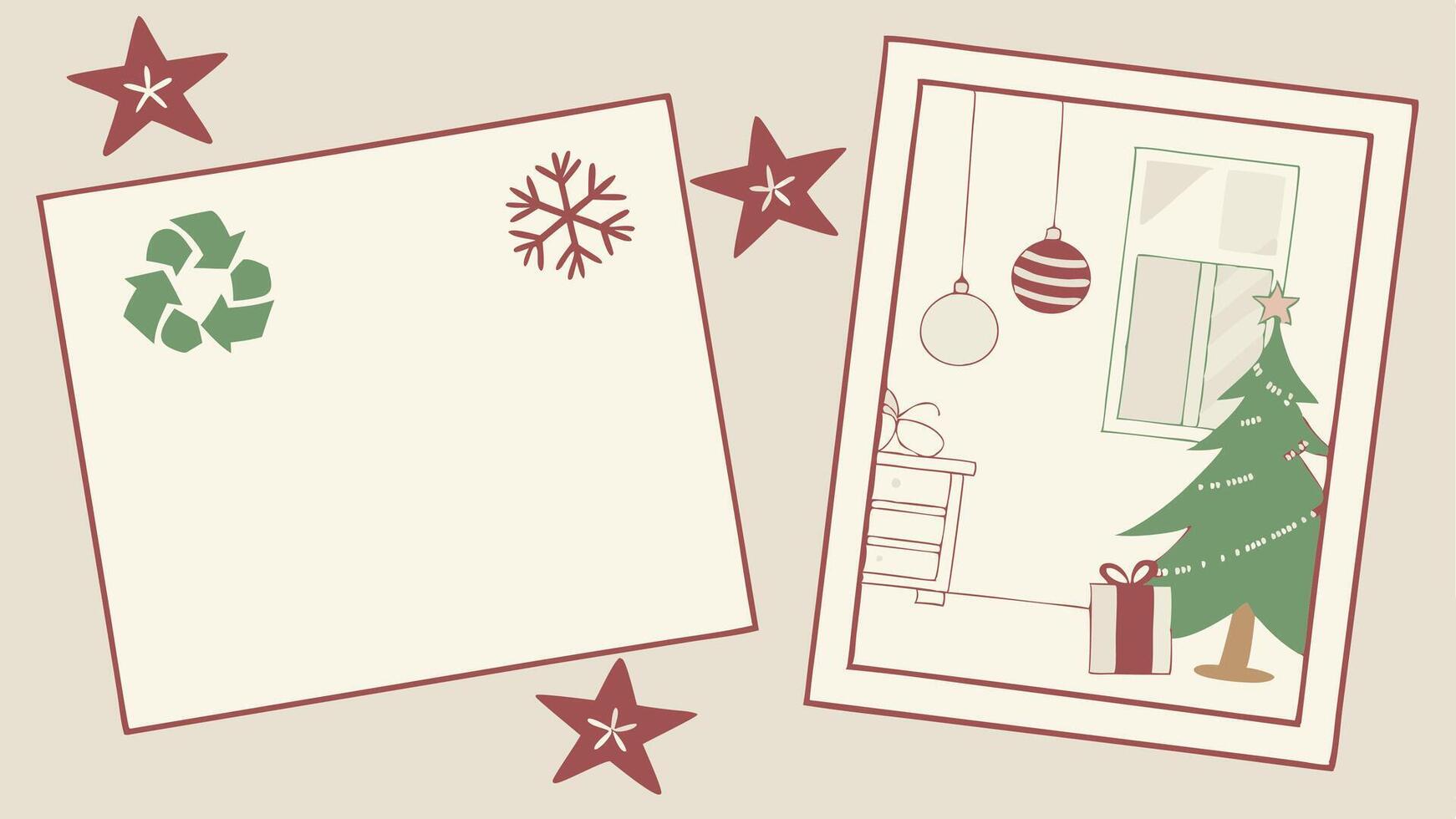 White blank paper greeting card with eco Christmas decorations. New year holidays festive mock up vector