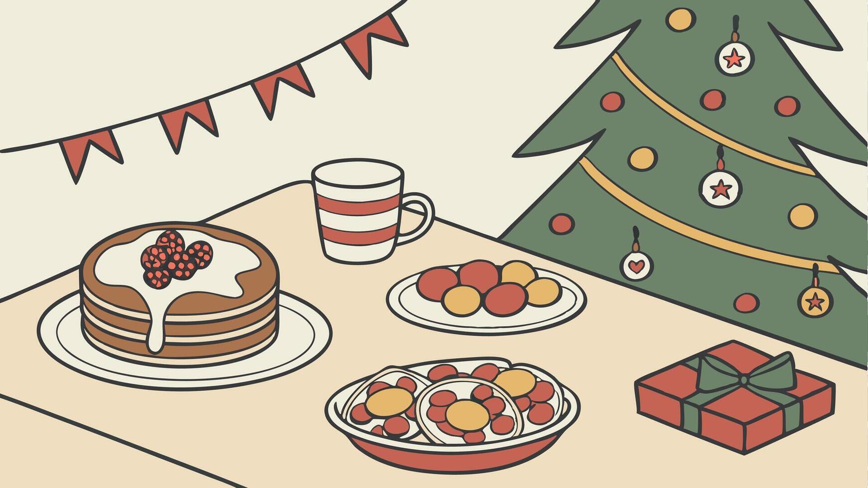 Background with christmas breakfast with decorations on a table vector