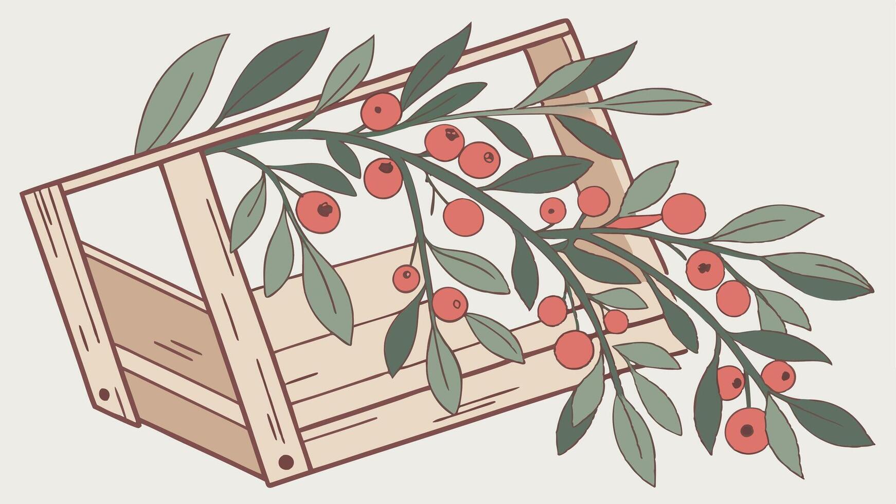 Watercolor mistletoe wreath with red berries and a wooden frame vector