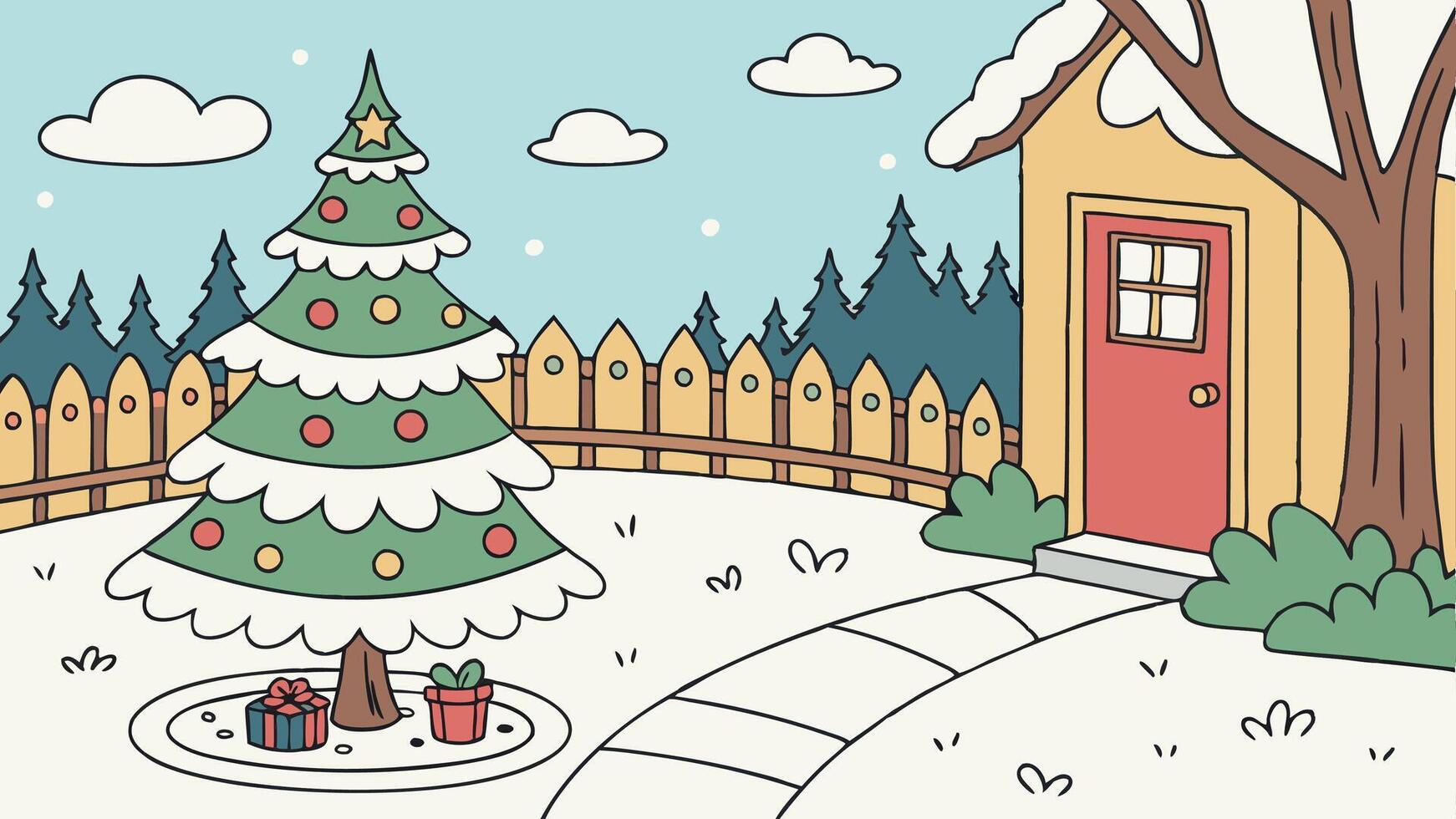 Winter yard with Christmas decorations and Christmas tree. space for text. Christmas background vector