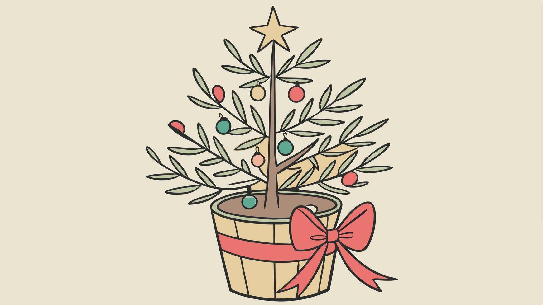 Watercolor small decorated christmas tree in a pot. christmas design. vector