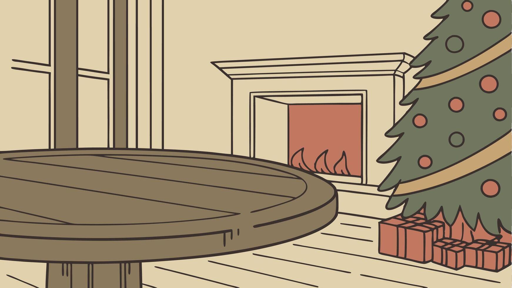 Wood table with blurry christmas tree and fireplace background with copy space vector