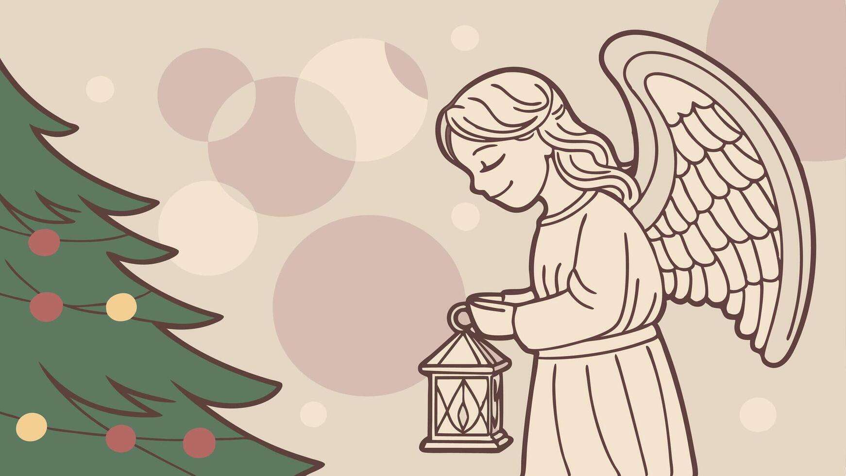 Wood figurine of an christmas angel in front of an bokeh background with a christmas tree. vector