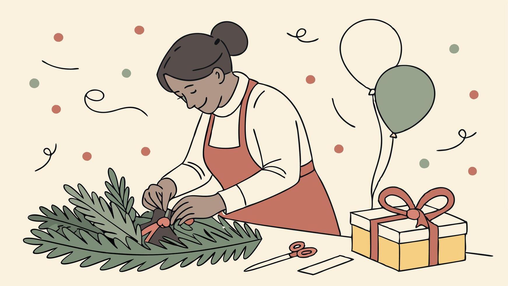 Woman makes a fir wreath for advent. Christmas Eve and crafting decorating. New Year celebration. vector