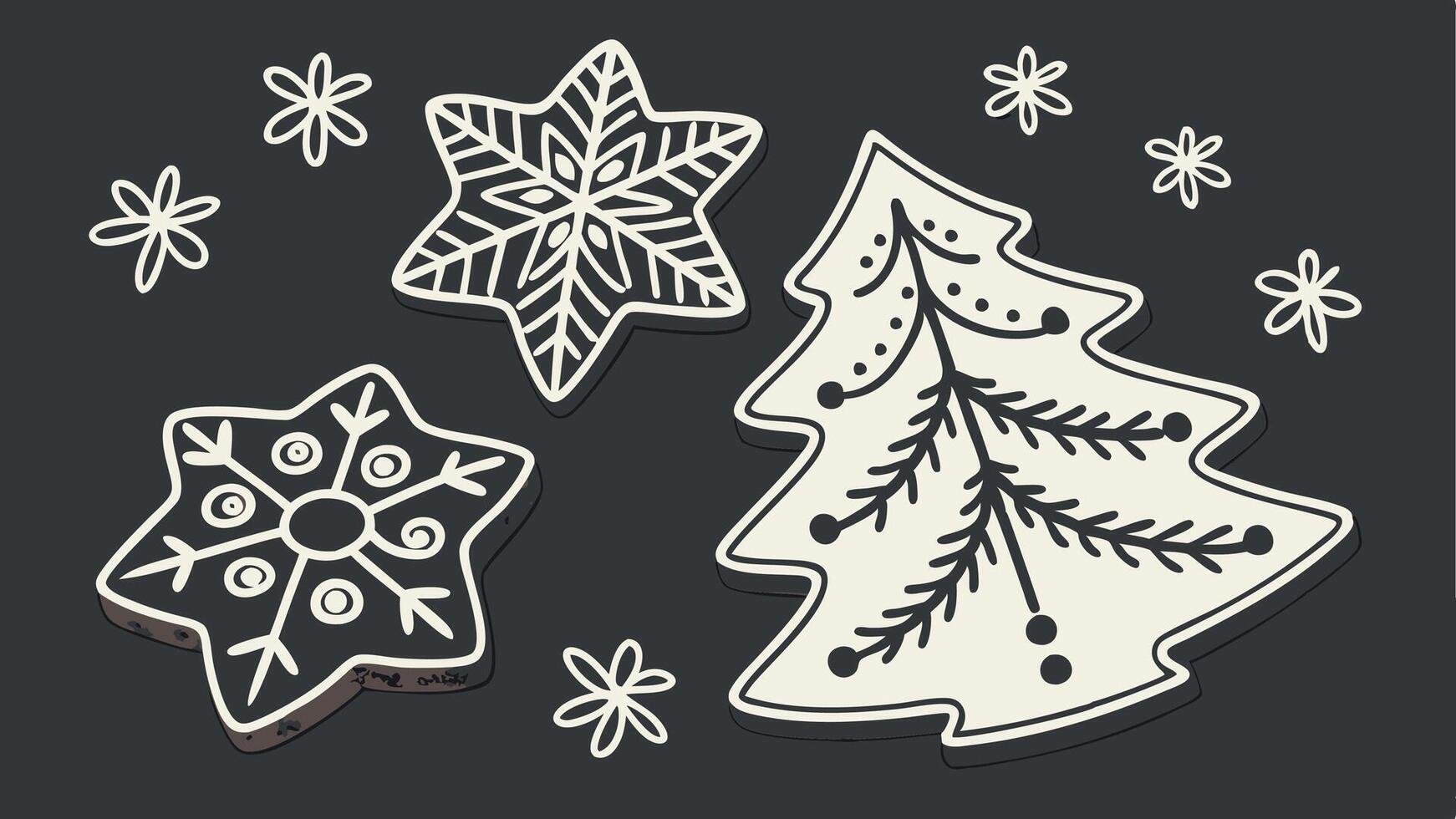 With white sugar based piping decorated christmas cookies on dark background. vector