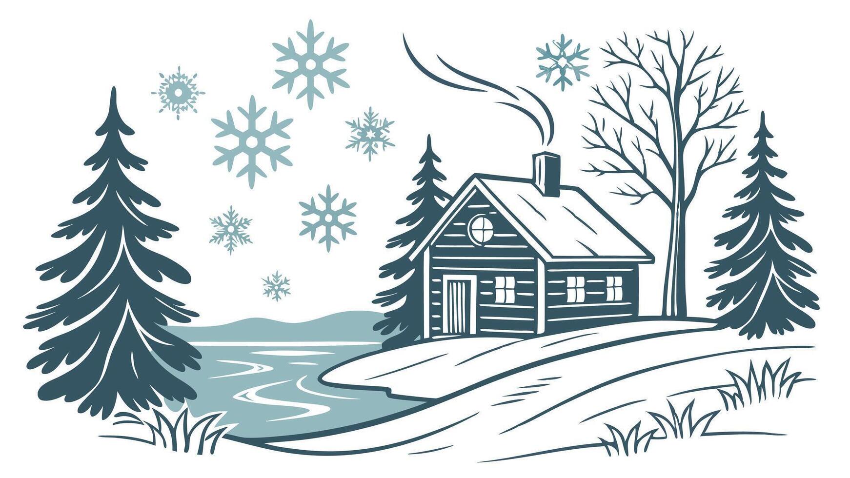 Rustic winter scene with a watercolor border and snowflakes vector