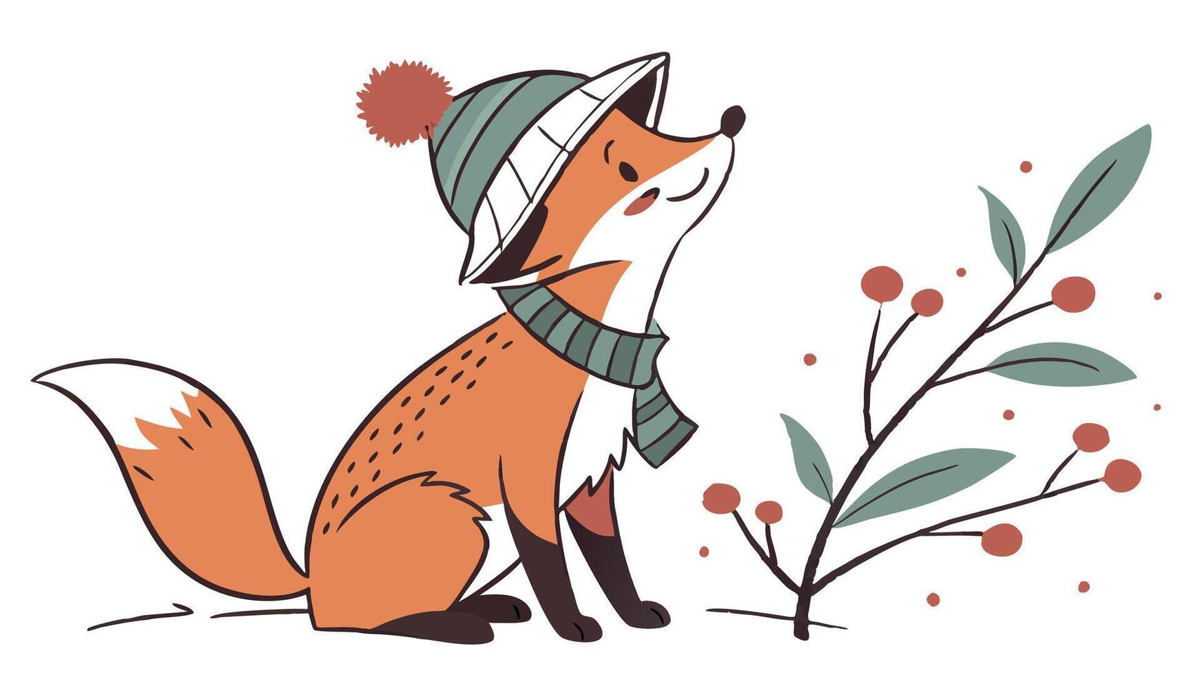 Watercolor cute fox in hat isolated on white. Christmas card. vector