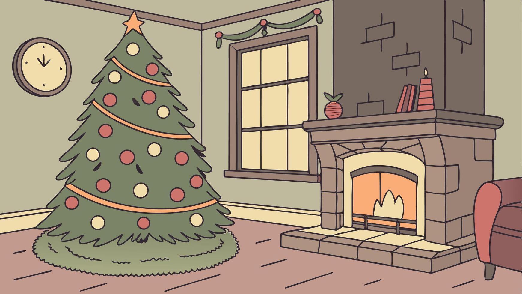 Illustration living room with a christmas tree and a fire place vector
