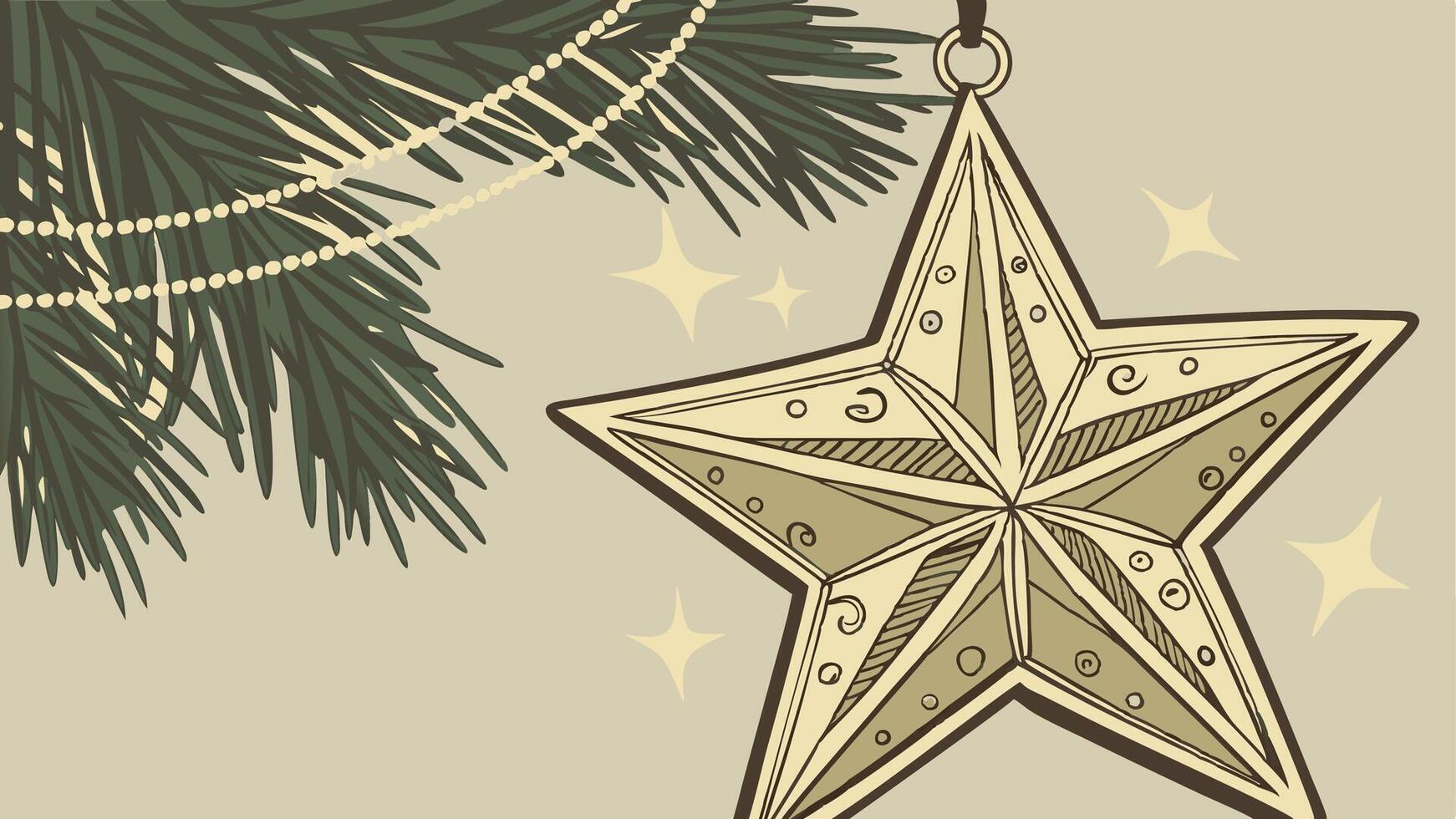 Close-up of gold sparkling star ornament hanging on a christmas tree vector