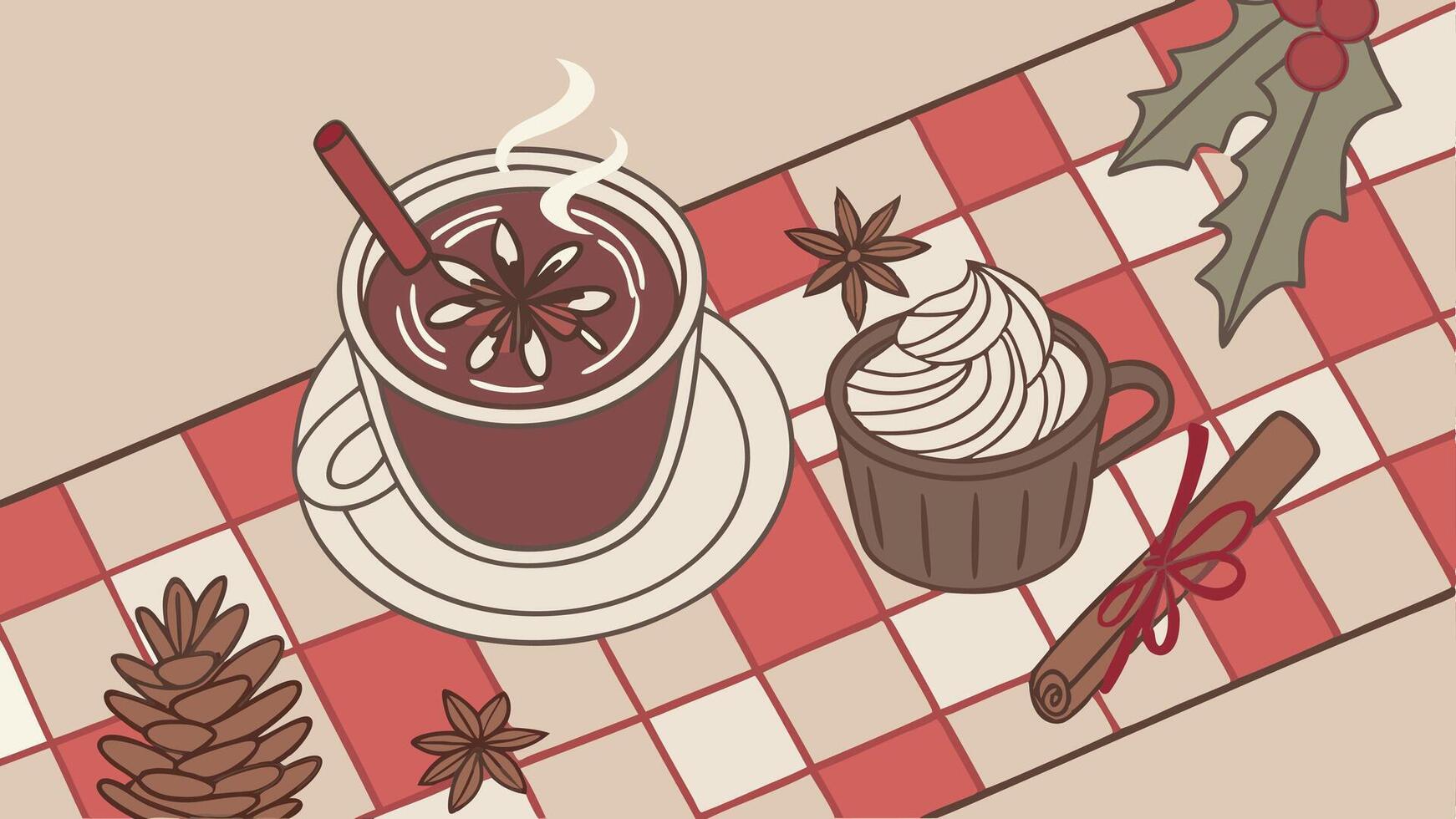 Christmas still life with mulled wine. hot chocolate in a cup vector