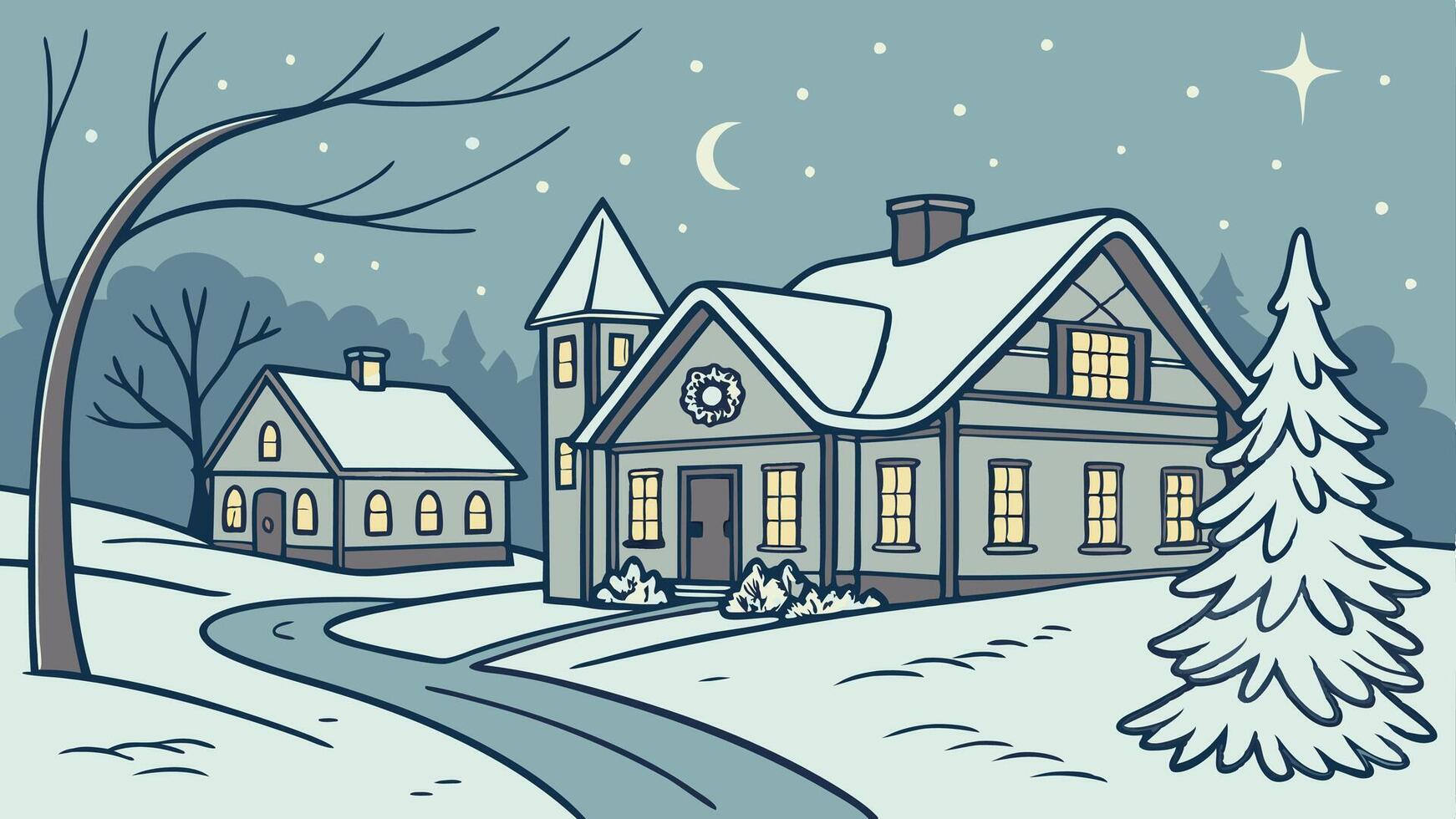 Cozy snow covered village with twinkling lights background. Created with technology vector