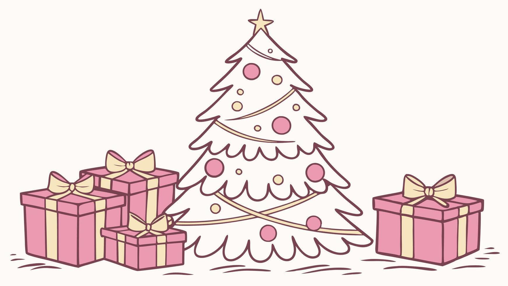 Pink christmas tree and pink gift boxes with golden bows on white background. vector