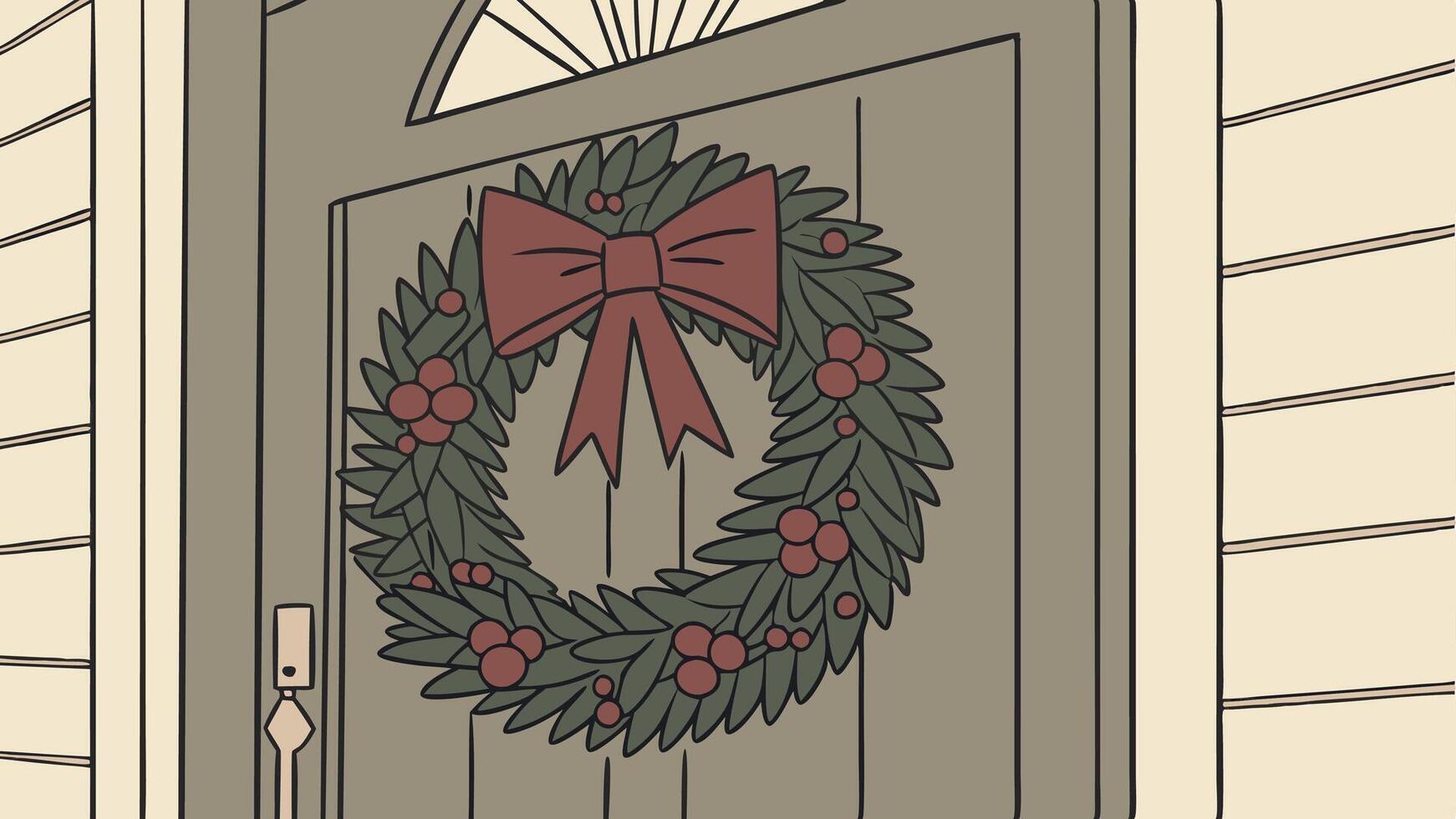 Homemade Christmas wreath hanging on a rustic wooden door. emphasizing holiday welcome. vector