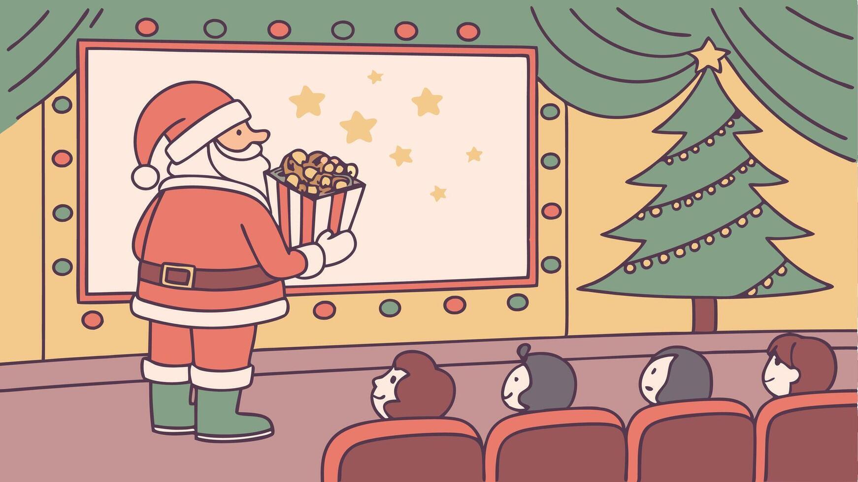 Christmas time Santa Claus in a movie theater - Christmas themed stock photo vector