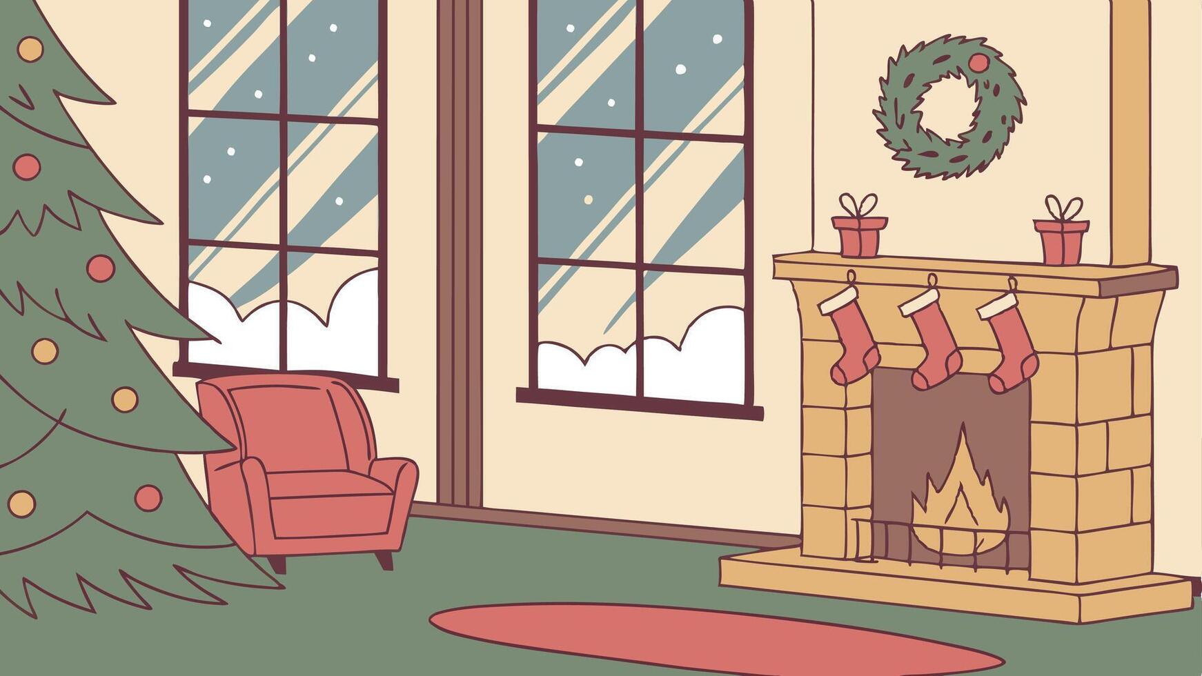 Cozy living toom interior with large windows and a fireplace. winter christmas setting vector