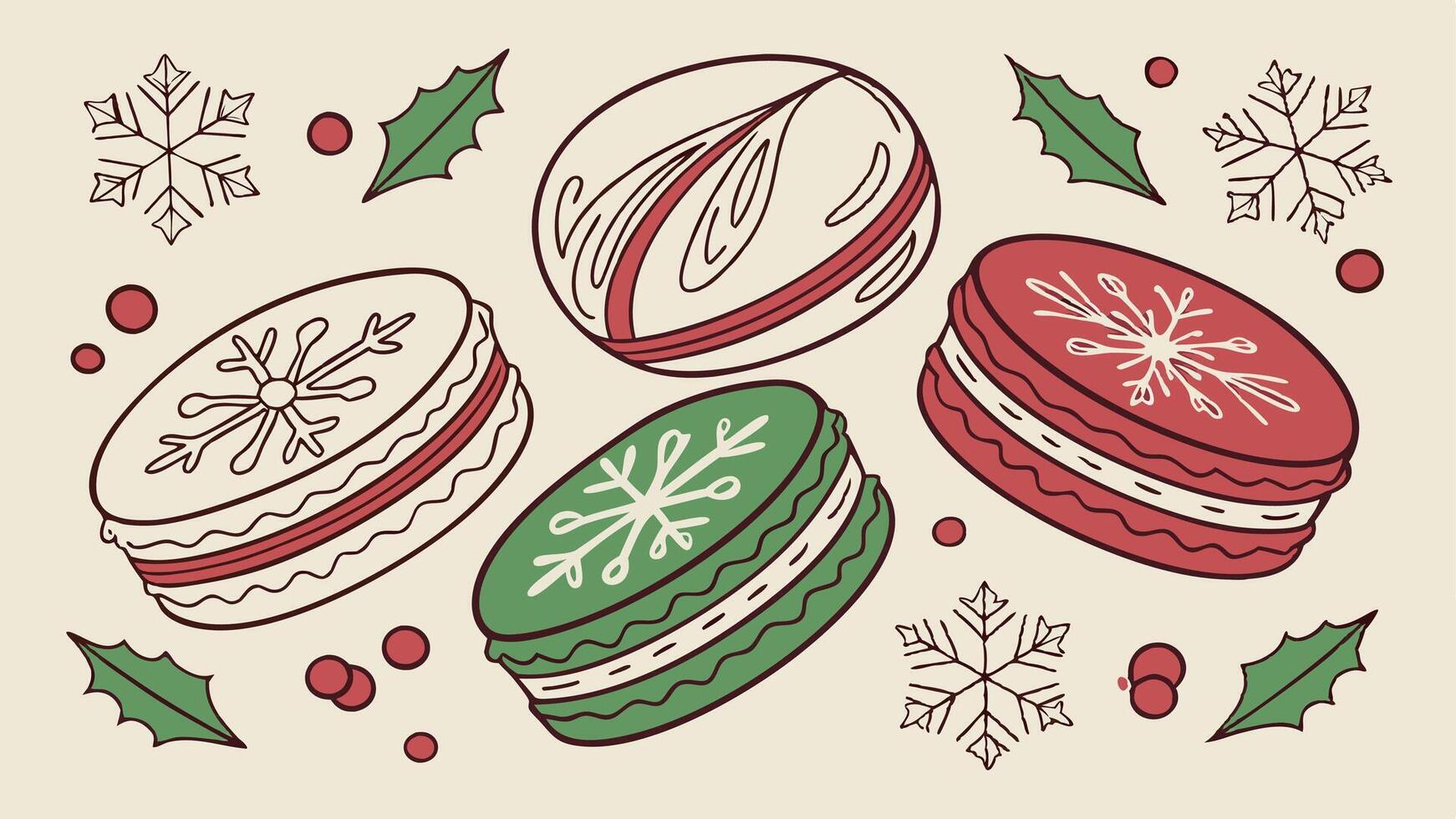 Festive christmas macarons in abstract arrangement. flat lay vector