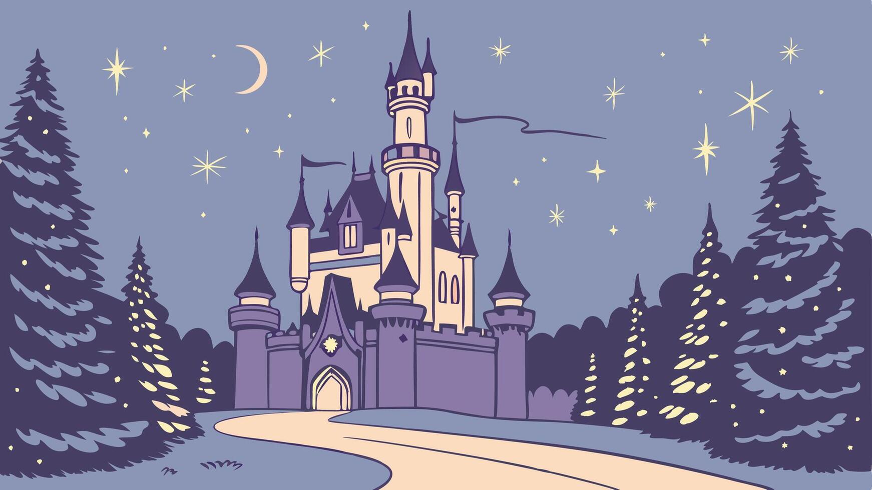 Magical fairy tale castle with christmas trees at night vector