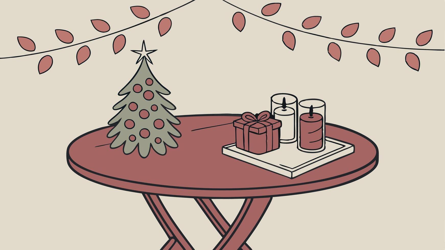 Red empty wood table with Christmas decor and blurred background with lights vector