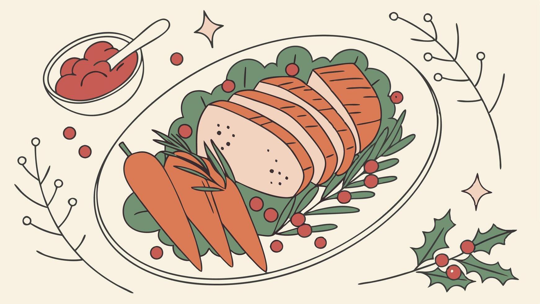 Overhead view of a luxury festive christmas meal dinner plate with decorations vector
