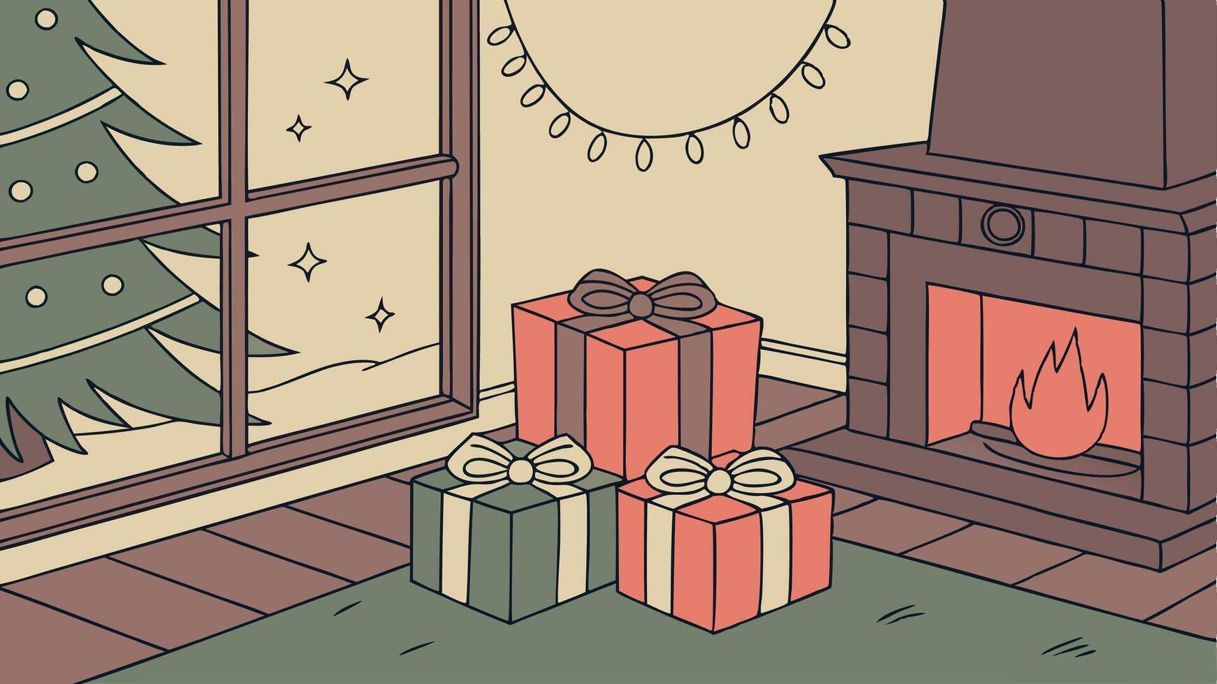 Christmas presents in living room in magical atmosphere vector