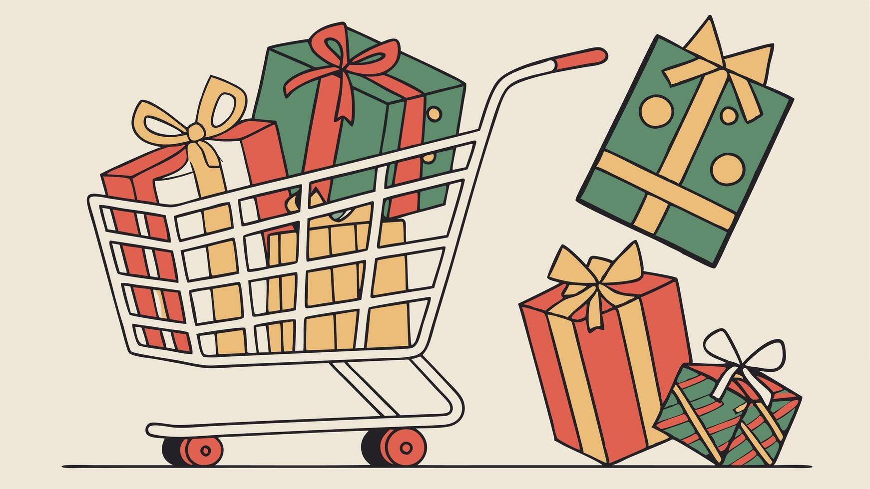 Shopping cart filled with different presents for Chirstmas. vector
