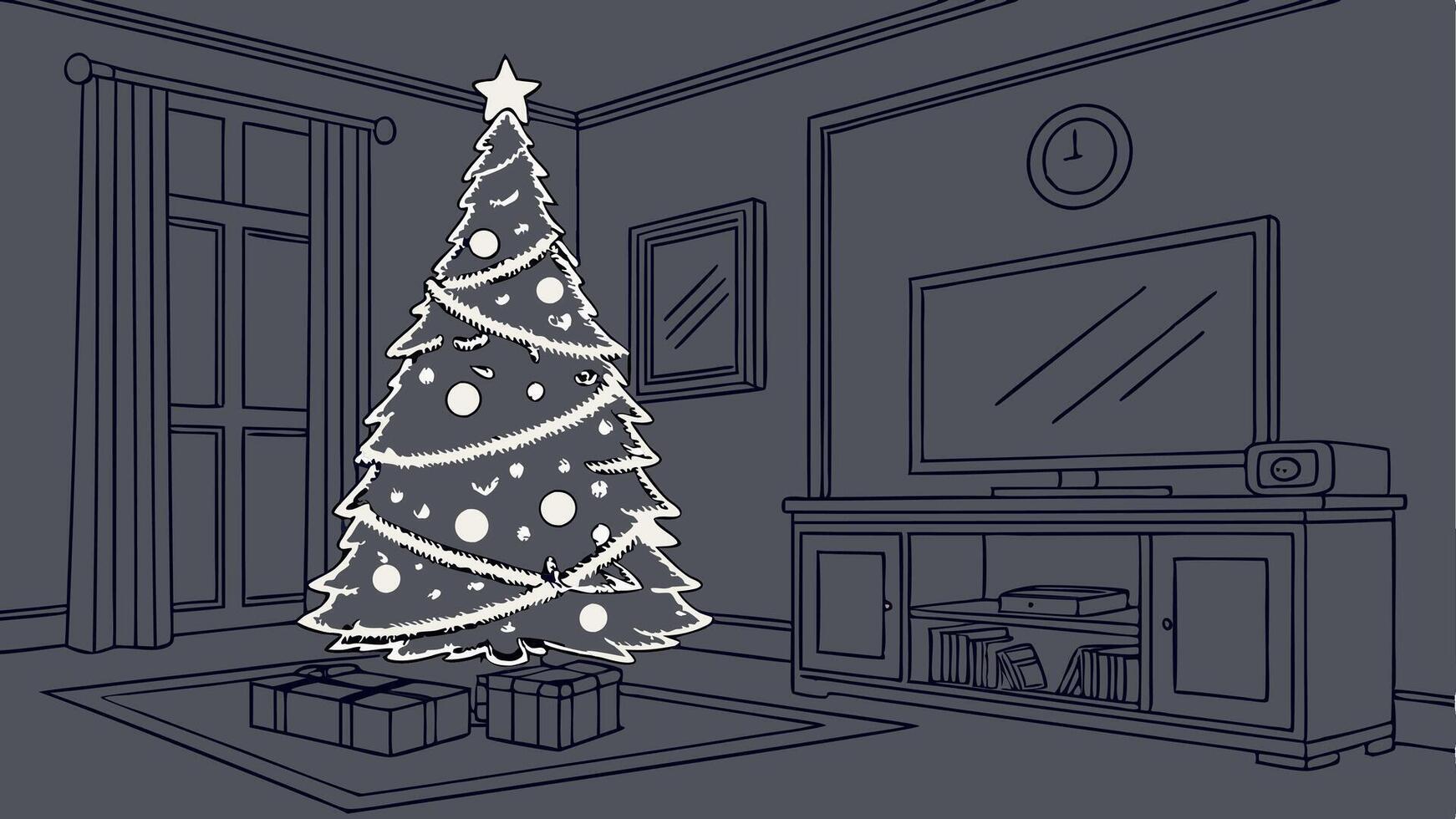 In the dark living room. a decorated Christmas tree with a wrapped gift under christmas tree vector