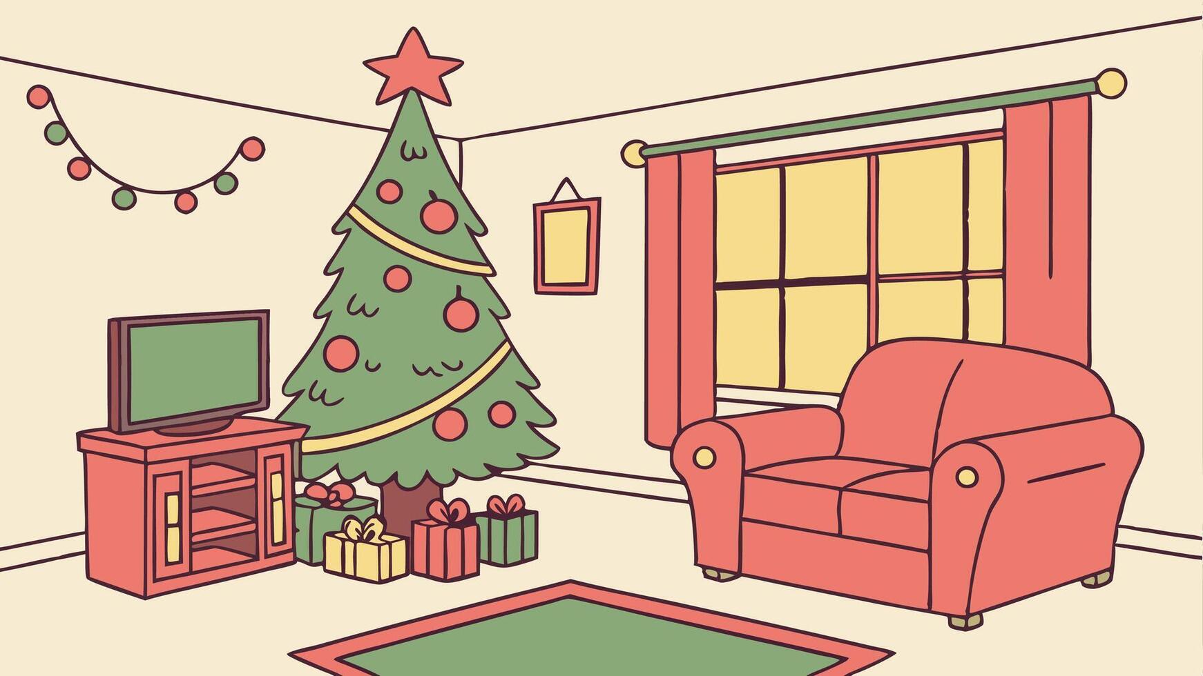 Living room decorated for christmas with christmas tree in the corner of the room. vector