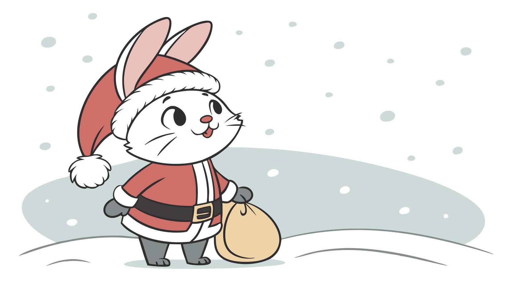 Little tiny bunny dressed up as Santa Claus on snowing vector