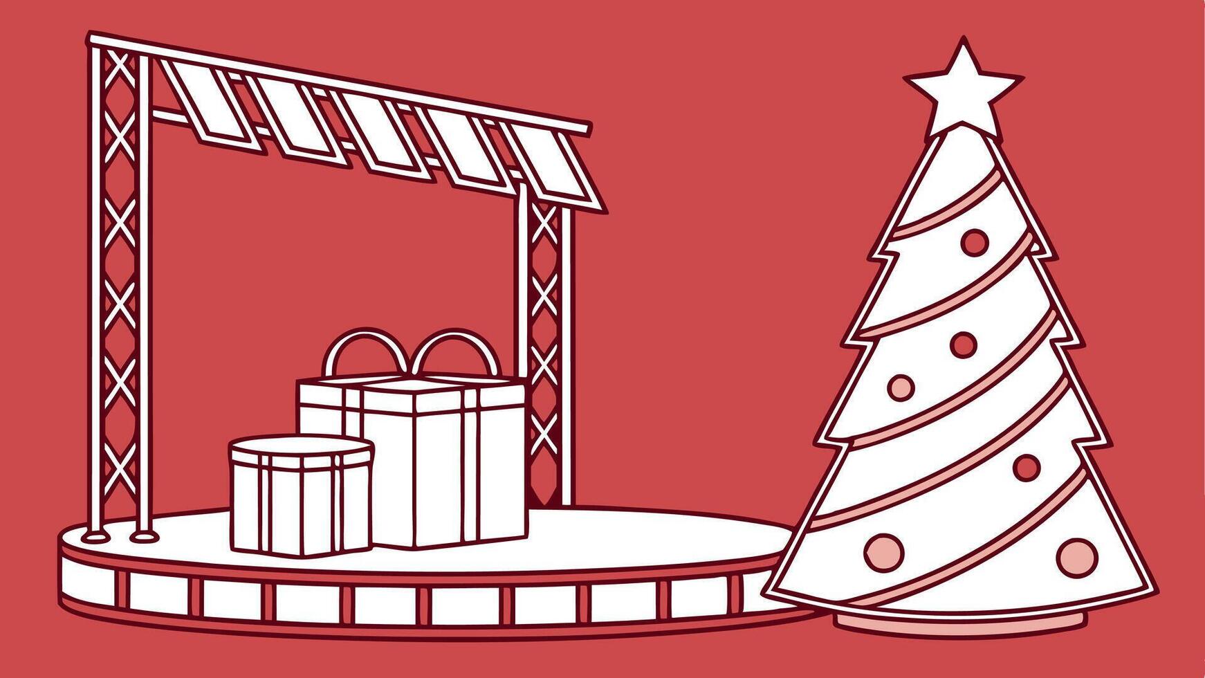Red christmas podium mockup for product. winter christmas red background with tree xmas vector