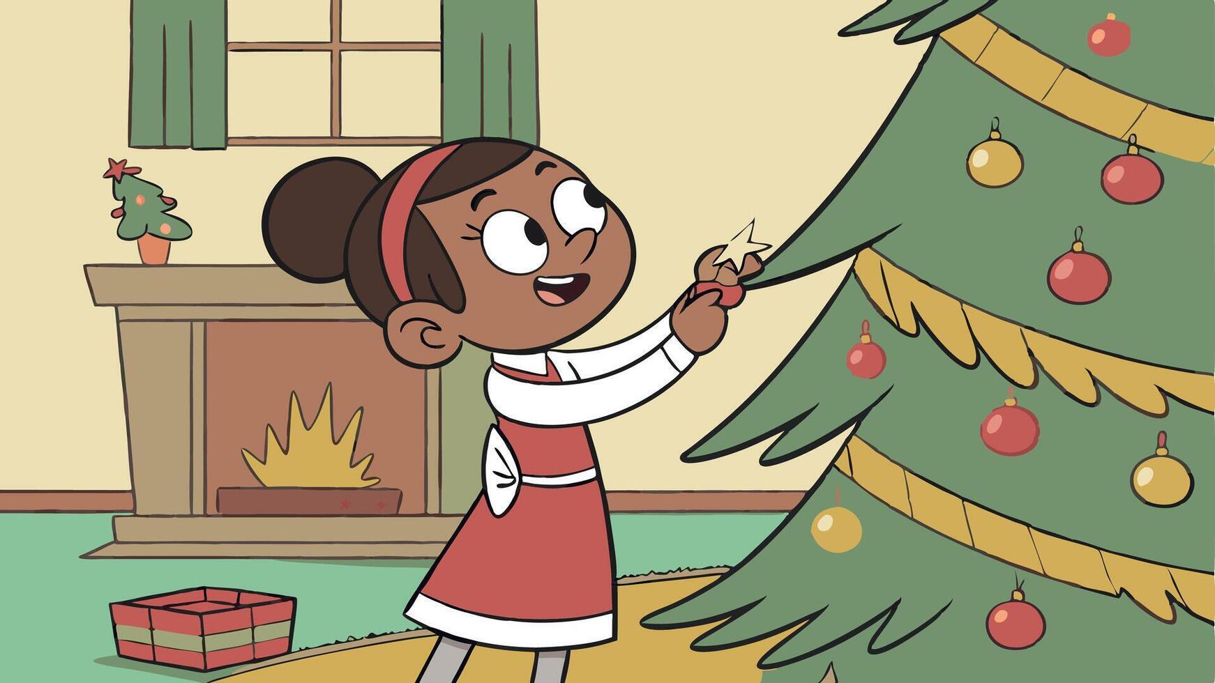 Smiling little girl is excited as she decorates the Christmas tree. vector