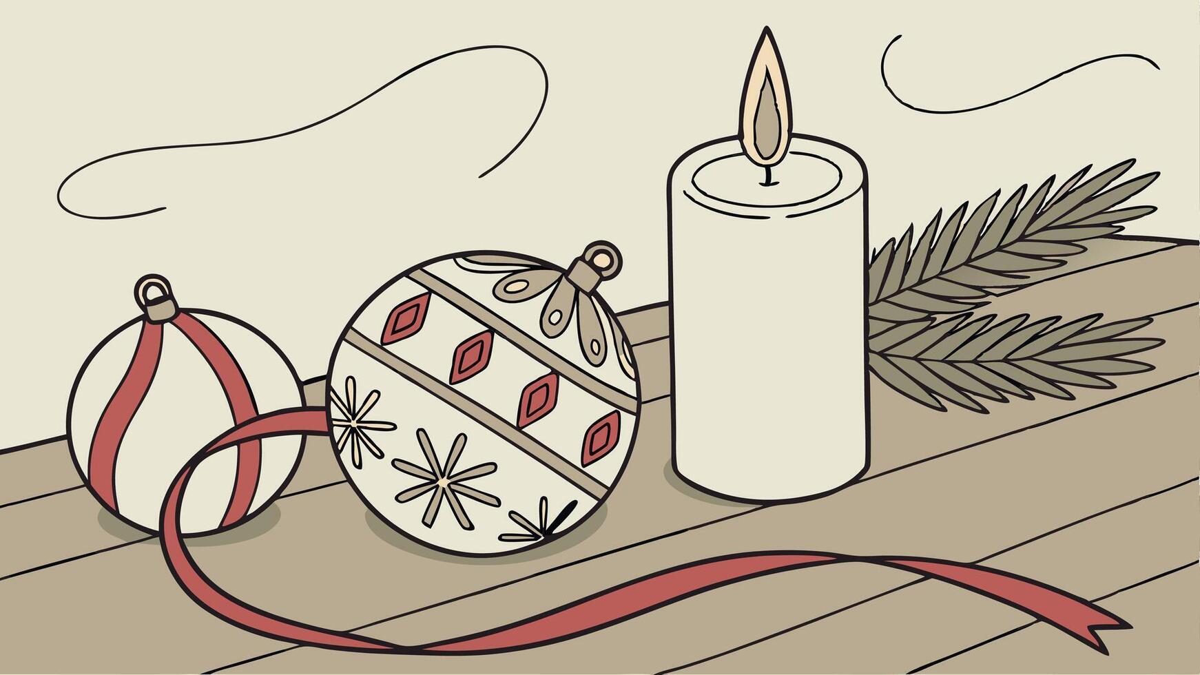 Christmas still life with burning candle and christmas decorations on wooden background. vector