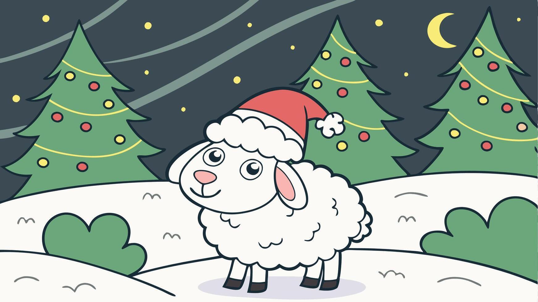 Close-up of a sheep with santa hat. christmas trees and decorations in the snow. winter night scene vector